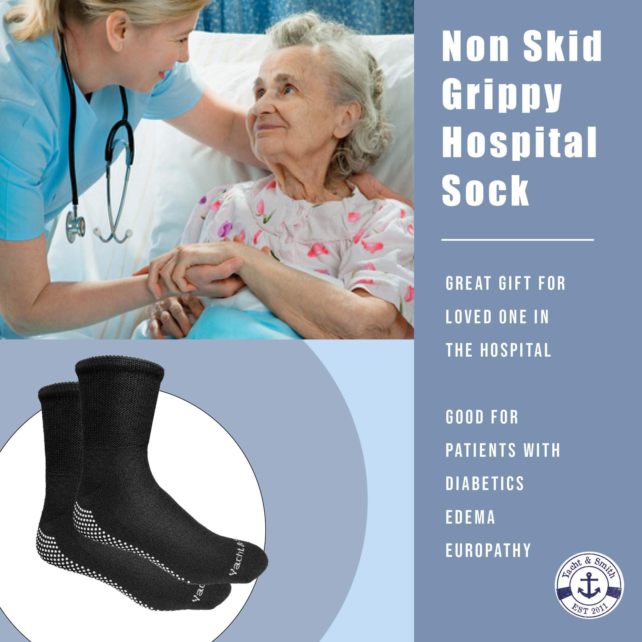 Yacht & Smith Non-Skid Diabetic Socks - Loose Fit Gripper Bottom Slipper Socks for Men & Women (Black) - Hospital & Home Use for Safety & Comfort - Bulk Wholesale Available