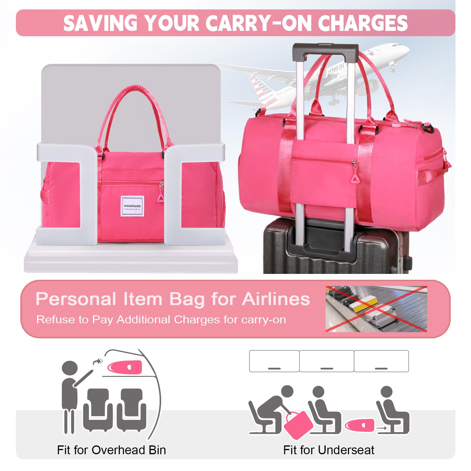 WOOMADA Women's Travel Duffel Bag with Shoe Compartment & Wet Pocket - Large Overnight Tote Bag with Trolley Sleeve for Gym, Yoga, Weekend Getaways (Rose Red) | Perfect for Sports Travel & Business Trips