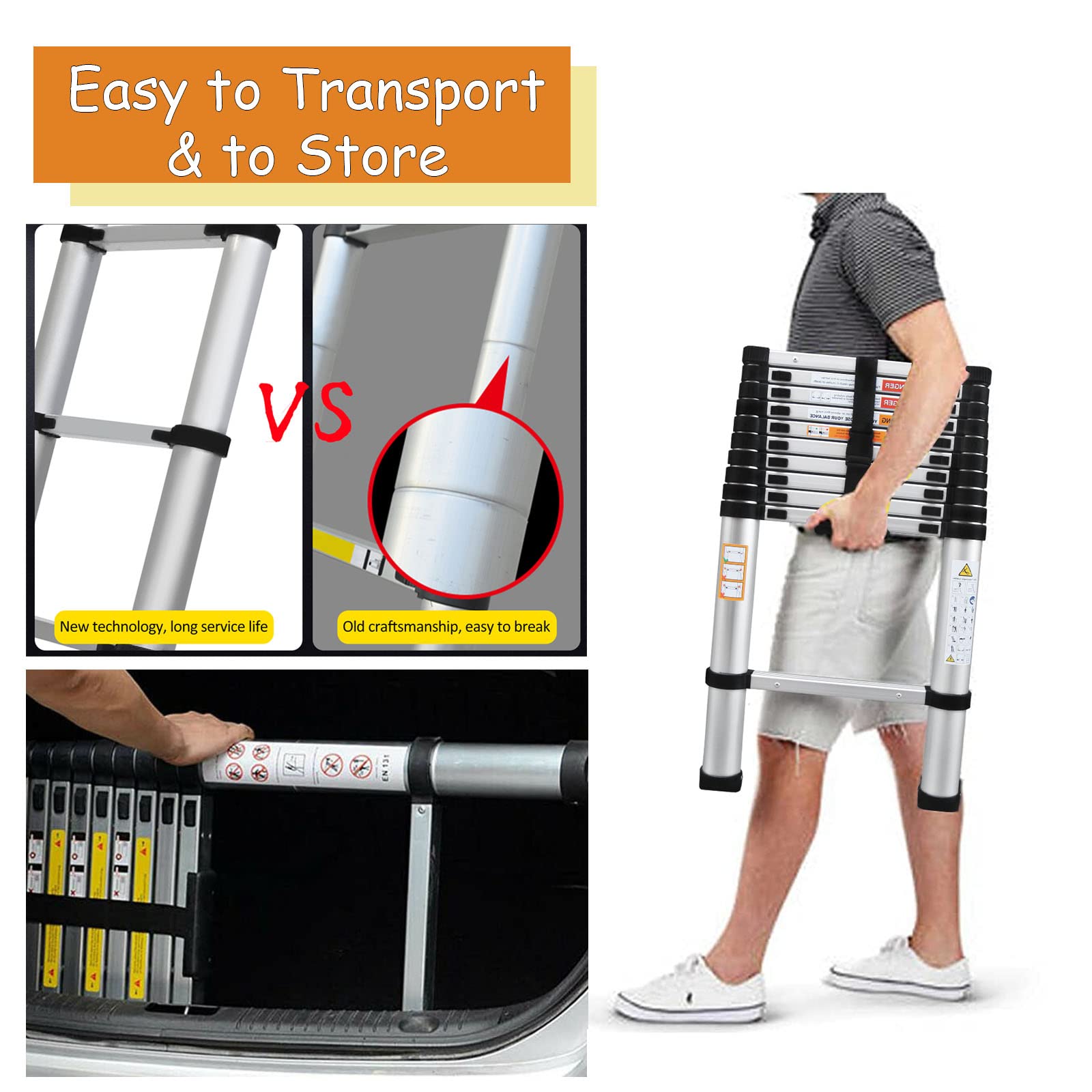 20.3ft Aluminum Telescoping Ladder - Lightweight Portable Extension Ladder with 2 Detachable Hooks, 330lbs Load Capacity EN131 Certified - Perfect for Home, Office, Attic, Roof Work & Outdoor Projects - Folded Height 3.4ft for Easy Storage