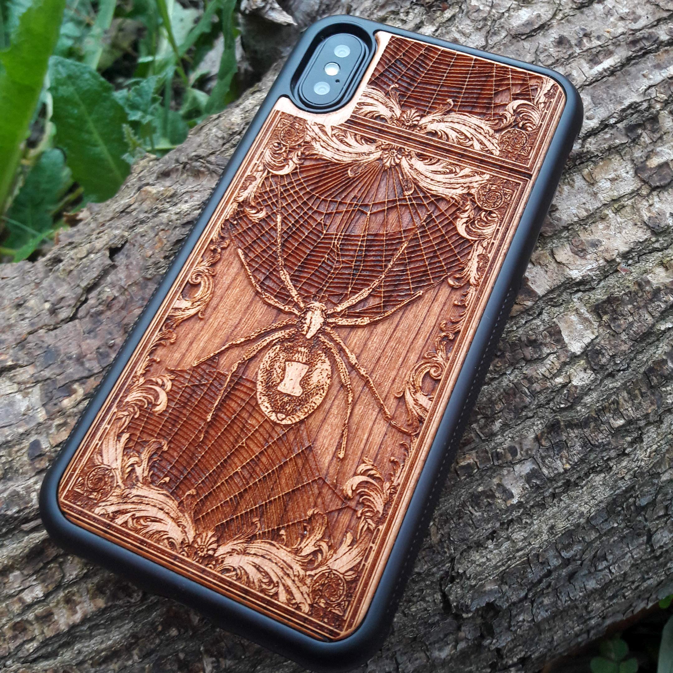 Black Widow Spider Laser Engraved Wooden Phone Case for iPhone 16/15/14/13/12/11 Pro Max/Mini & Galaxy S25/S24/S23/S22/S21/S20 Ultra Plus - Eco-Friendly Slim Durable Wood Cover - Perfect for Nature Lovers & Marvel Fans