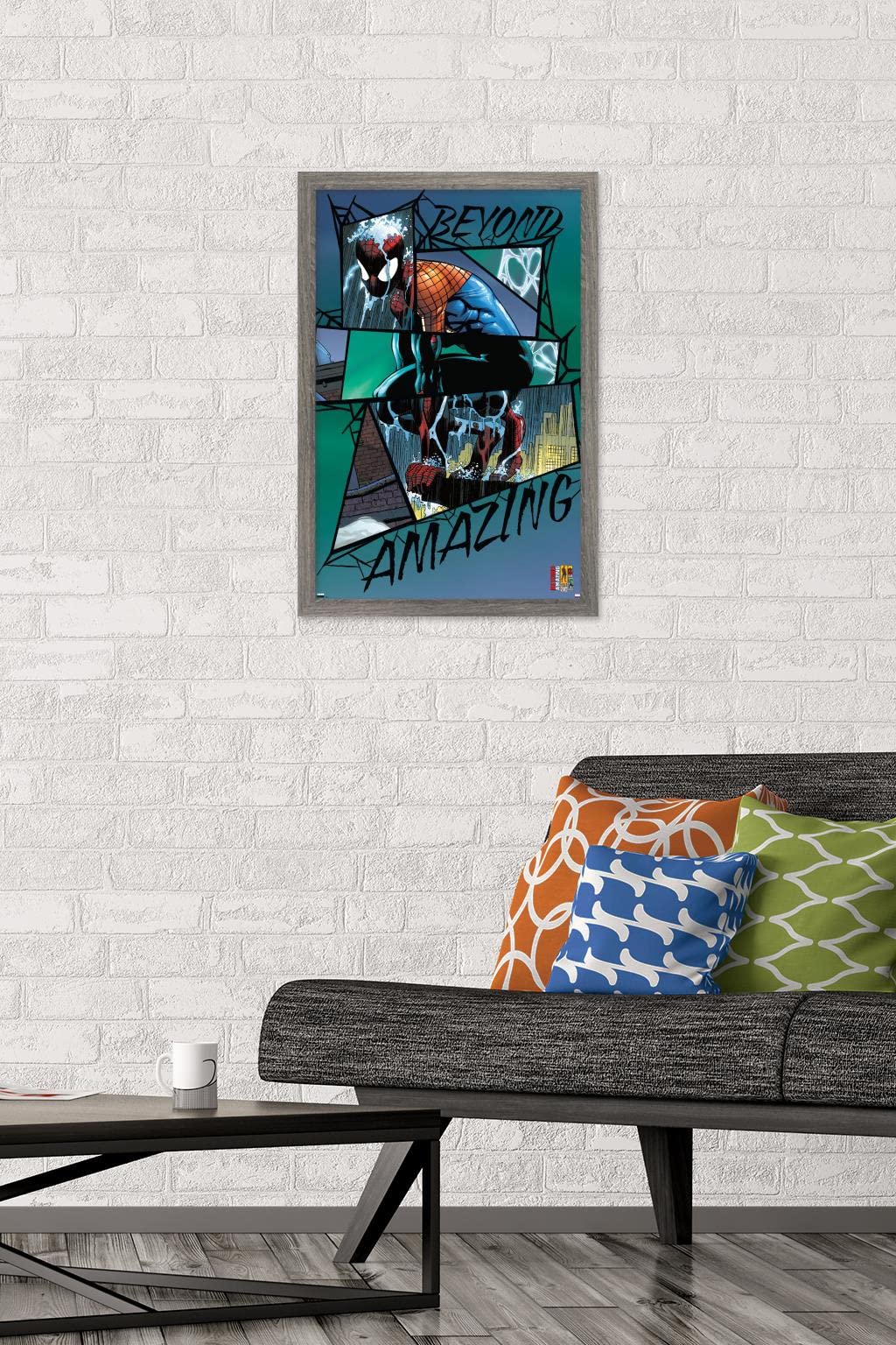 Marvel Comics Spider-Man: Beyond Amazing Rain Mash-up Wall Poster - 22.4x14.7 Inches Barnwood Framed - Superhero Home Decor for Bedroom, Living Room & Office