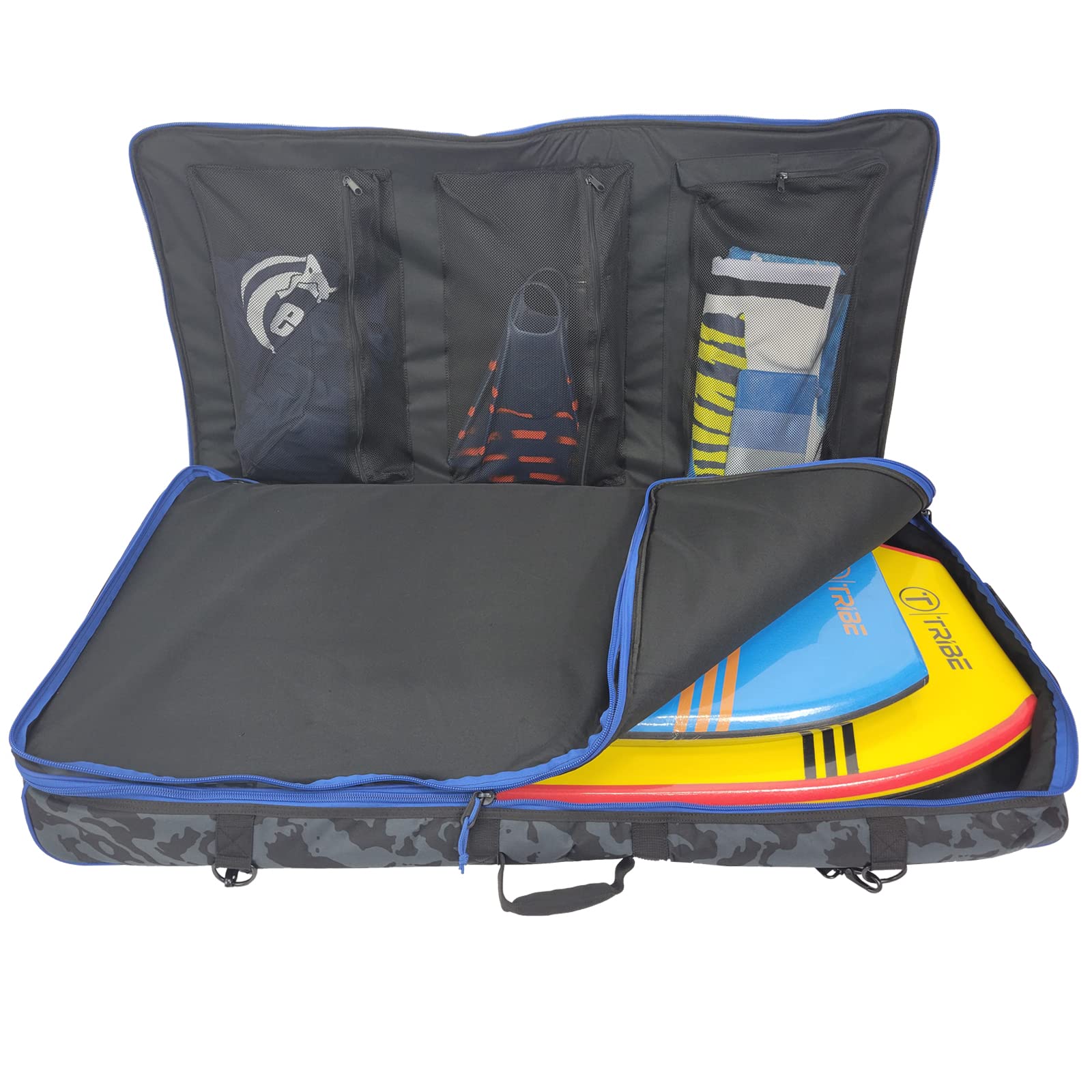 **Tribe Boards Dually Rolling Bodyboard Travel Bag - Waterproof & Durable Surfboard Carrier for Easy Travel & Beach Trips**    **使用场景:** Perfect for surfers, bodyboarders, and beach lovers – ideal for air travel, road trips, and storing your gear safely.