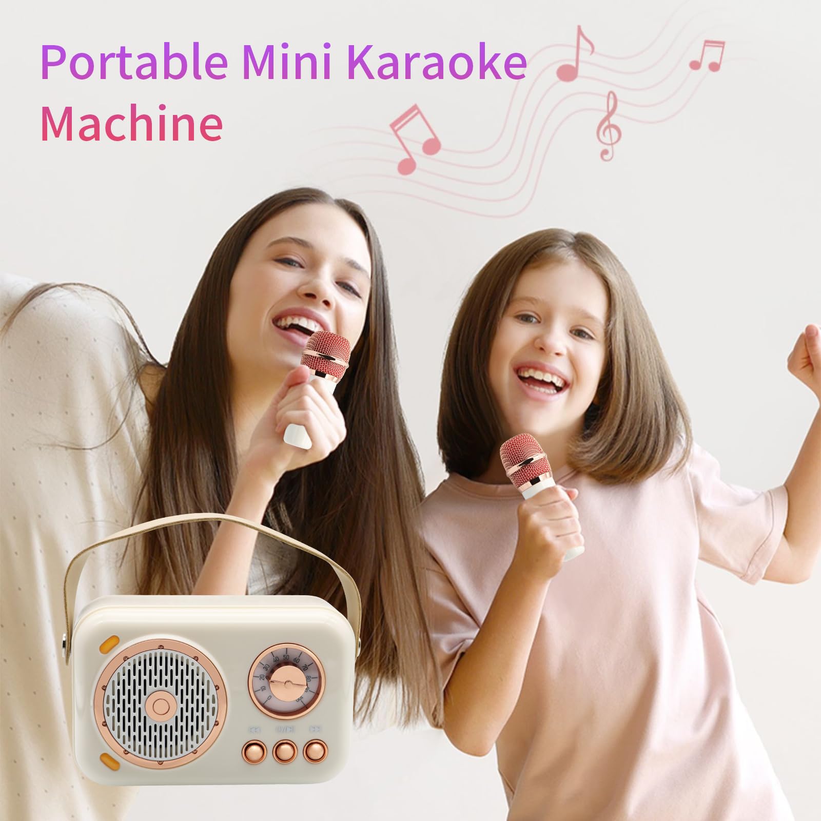 Portable Mini Karaoke Machine with 2 Wireless Microphones - Bluetooth Speaker for Adults & Kids - Perfect for Home Parties, Birthday Gifts & Family Singing Fun (White)