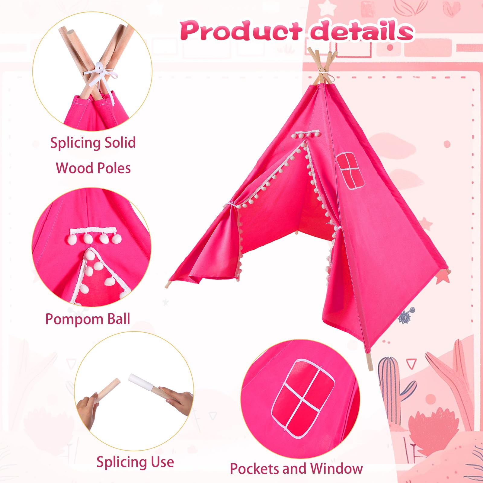 Windyun 6-Piece Kids Teepee Tent Set - Foldable & Washable Play Tent for Boys & Girls, Indoor/Outdoor Boho Playhouse for Toddlers, Birthday Parties, Sleepovers, Pajama Parties & Spa Days (63