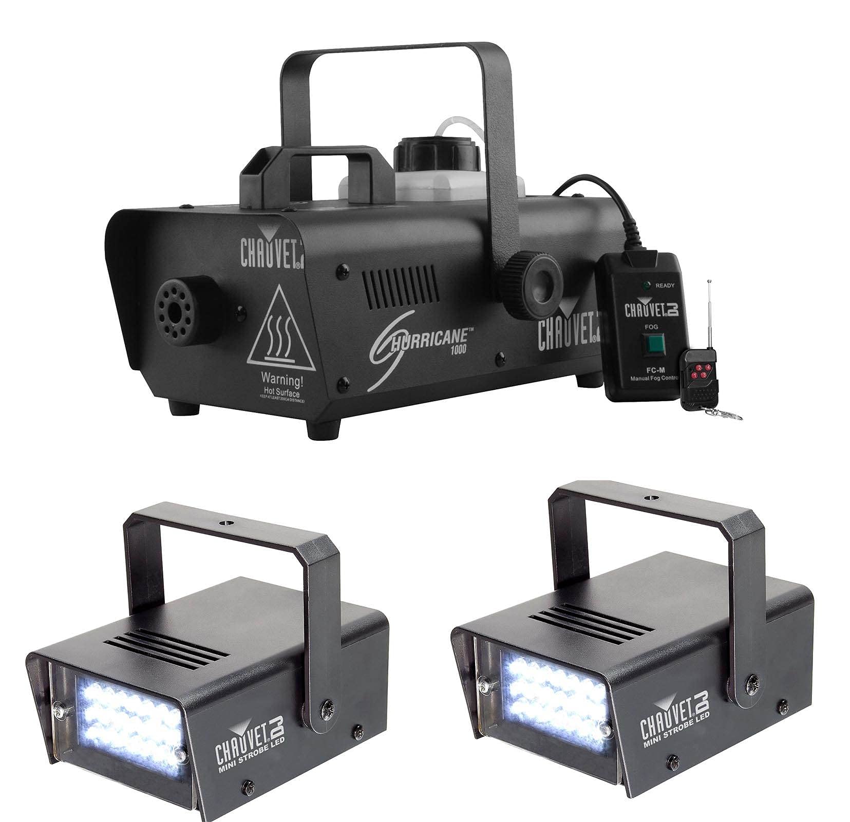 CHAUVET Hurricane 1000 H1000 Professional Fog Smoke Machine with 2 CH-730 LED Mini Strobe Lights - Perfect for DJ Parties, Halloween Events & Stage Performances
