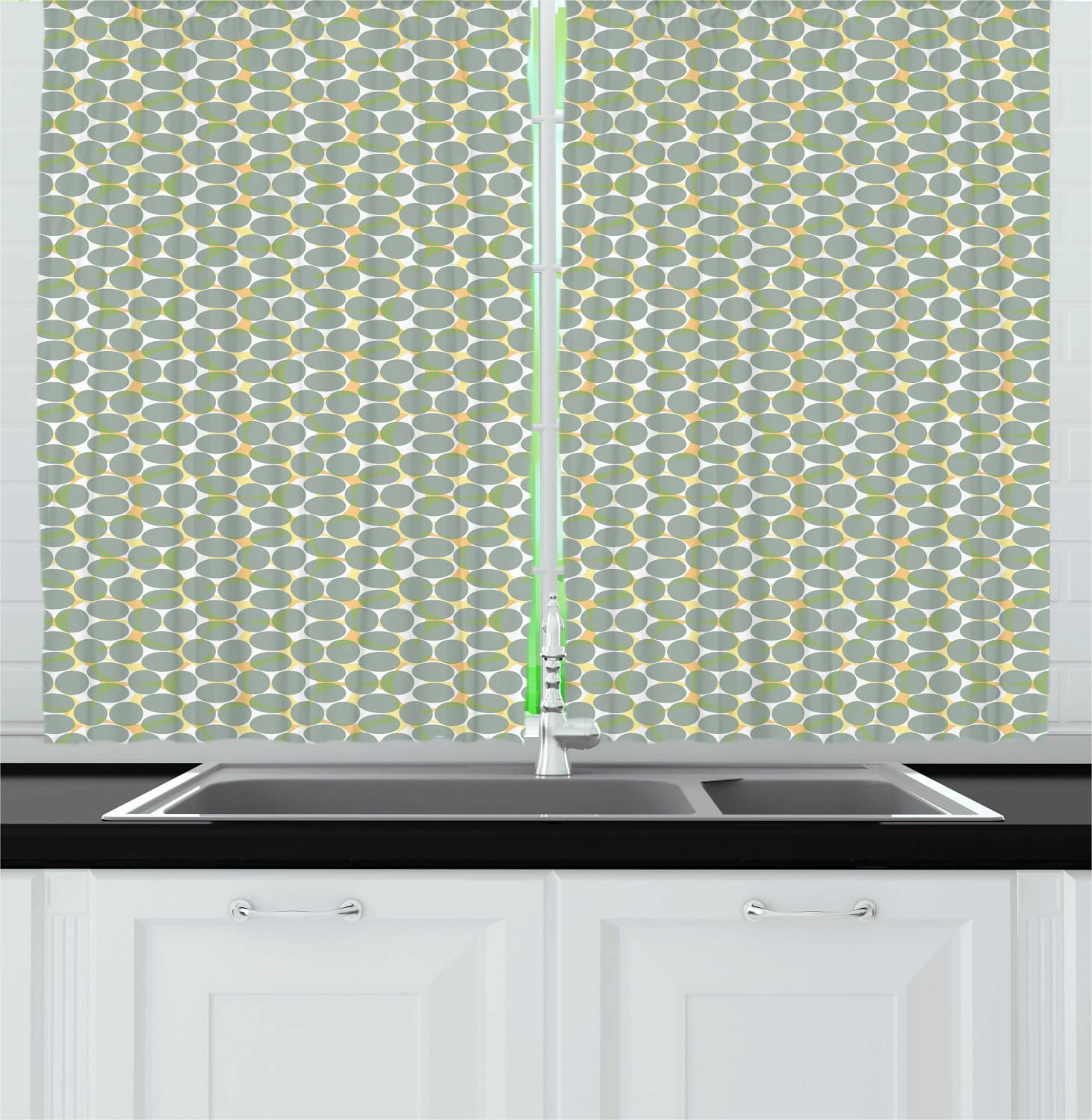 Ambesonne Abstract Long Kitchen Curtains - Pastel Geometric Pattern with Overlapping Ovals, Modern Minimalist Design, 2 Panel Rod Pocket Drapes for Windows, 55