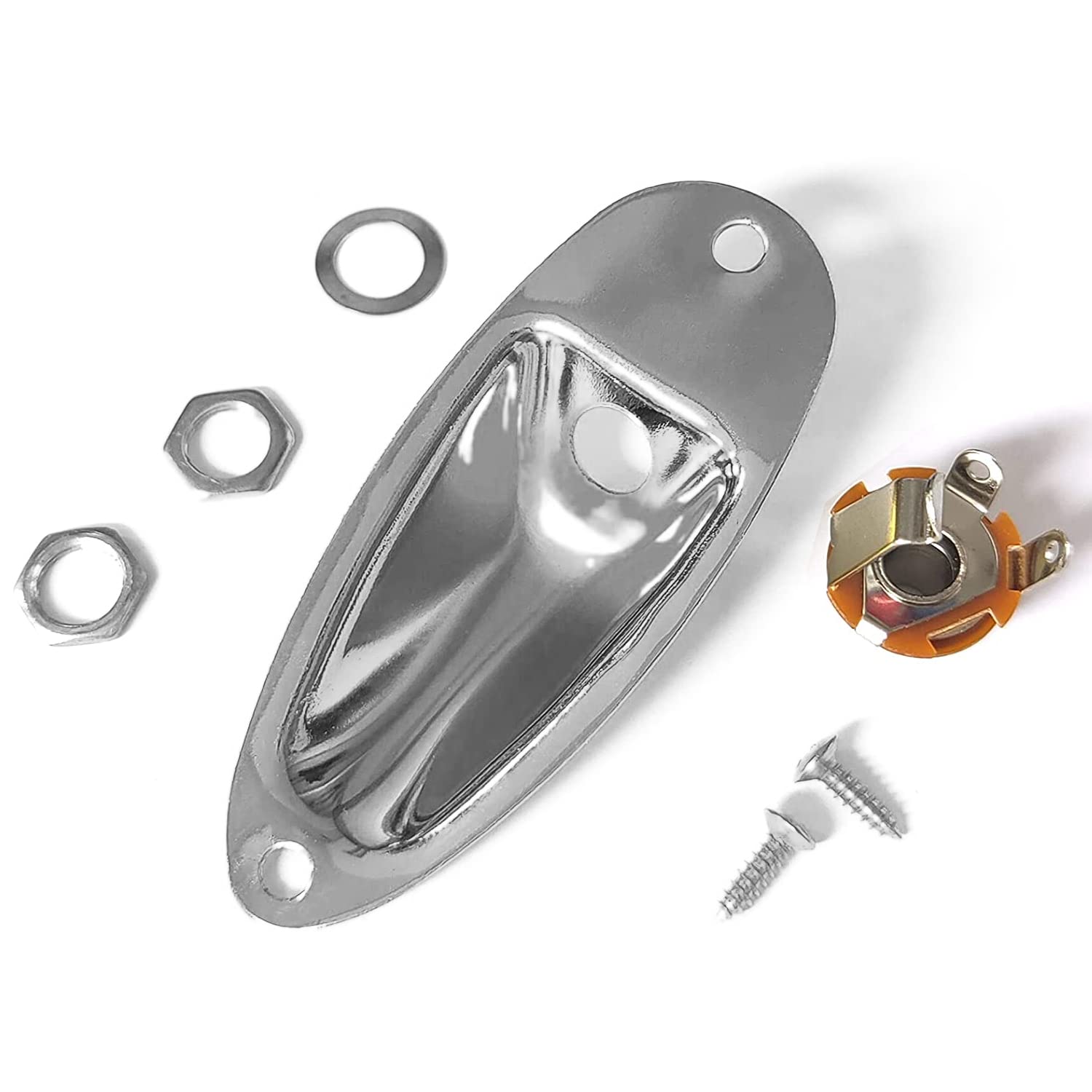 MAXCHEER 1/4 Inch Guitar Input Jack Socket Plate with Screws - Chrome Boat Style Output Loaded for Fender Stratocaster & Electric Guitar Replacement Parts | Perfect for DIY Guitar Repair & Maintenance