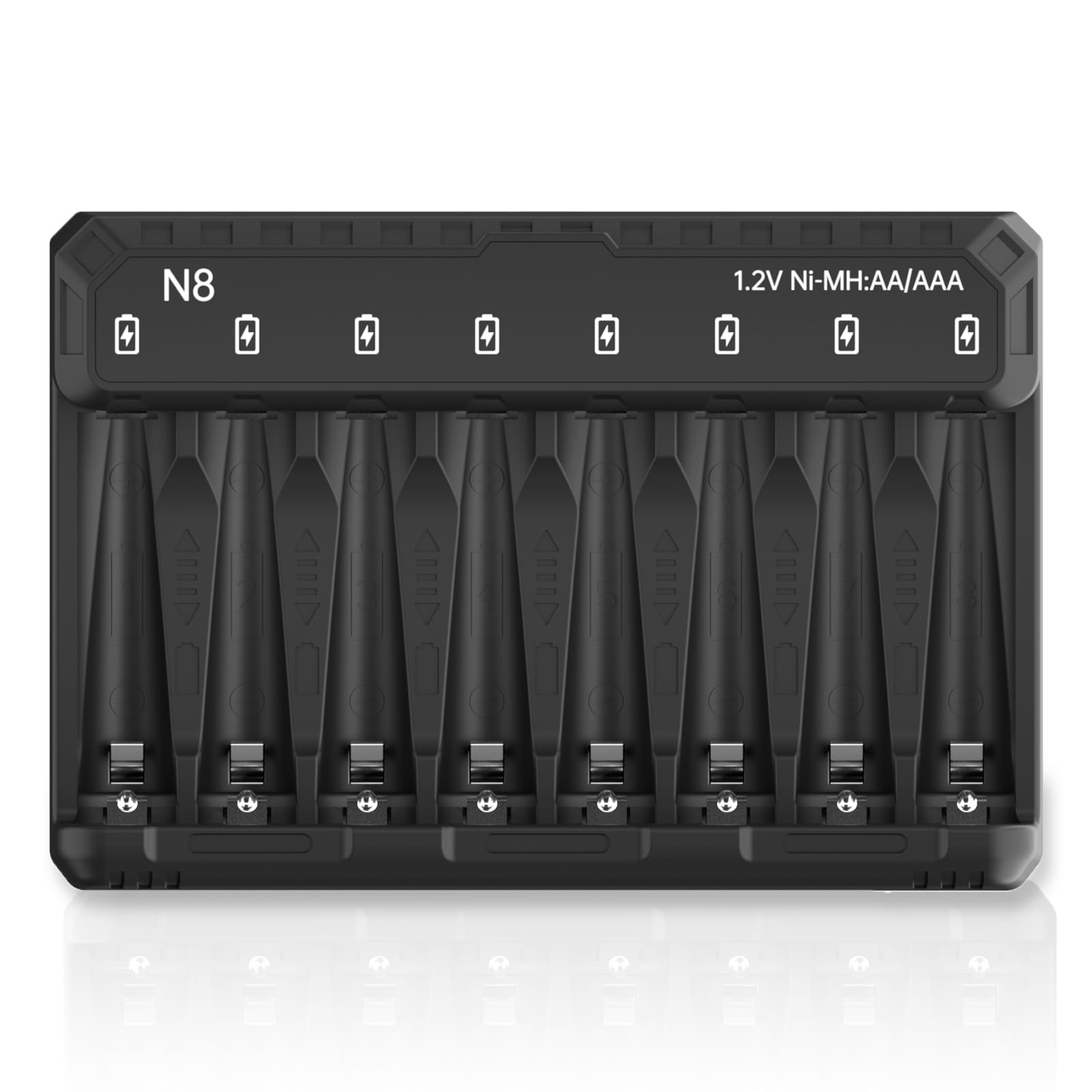 8 Bay Smart Battery Charger for Ni-MH Ni-CD Rechargeable AA AAA Batteries - Fast Charging with 5V 2A & LED Indicator - Independent Control for Home, Office, and Travel Use
