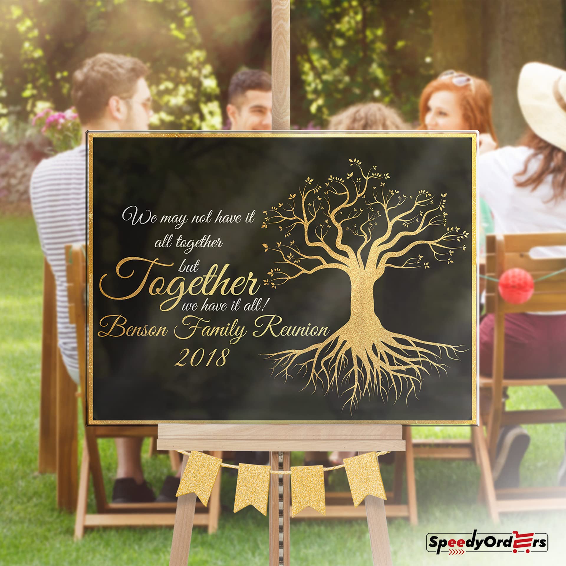 Personalized Family Tree Reunion Sign - Custom Welcome Banner for Family Gatherings - Black & Gold Acrylic Decor - Perfect for Reunions, Weddings & Home Decor