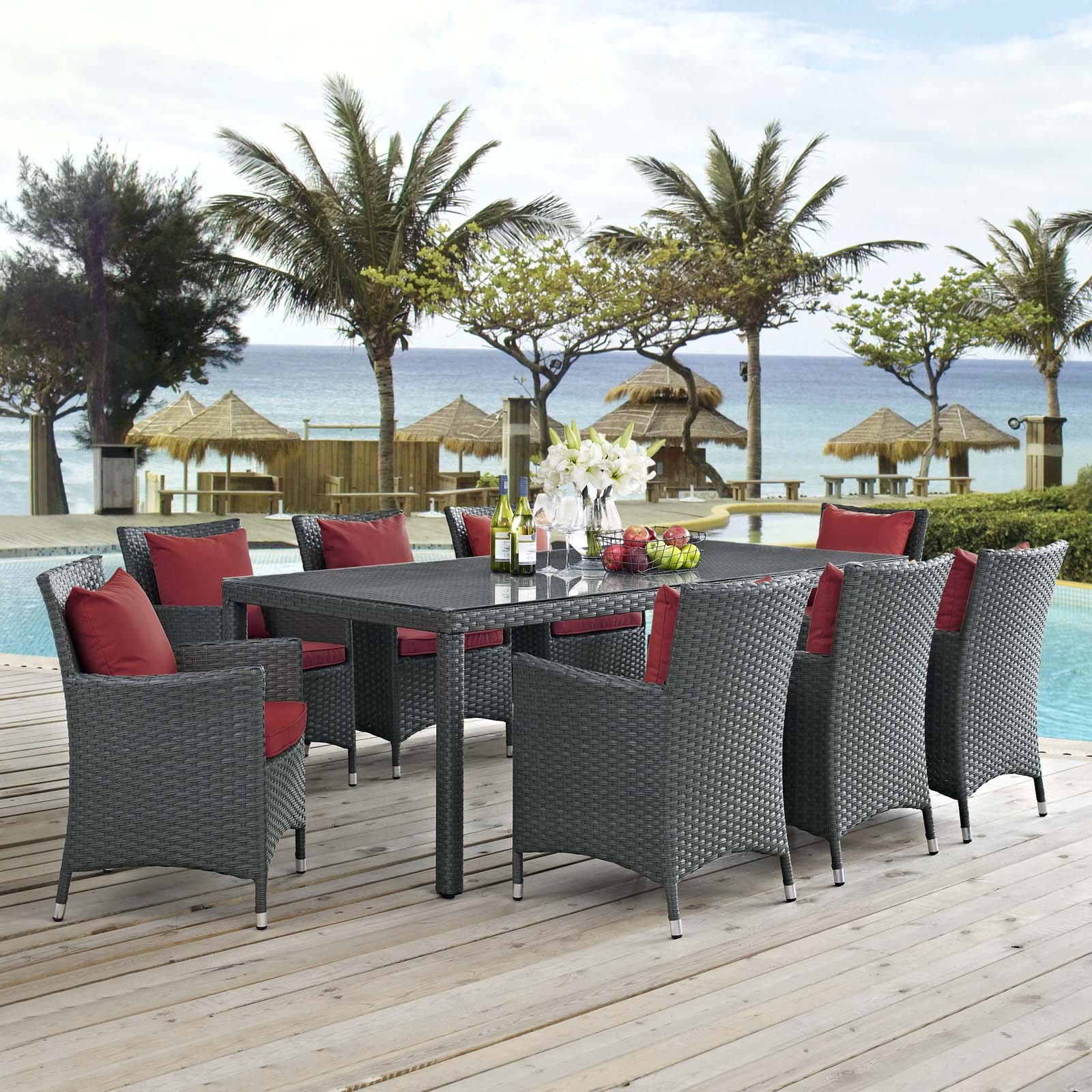 Modway EEI-2309-CHC-RED-SET Sojourn 9-Piece Outdoor Patio Dining Set with Sunbrella Fabric in Canvas Red - Includes 8 Chairs & 1 Table - Perfect for Backyard, Garden, Poolside & Outdoor Entertaining