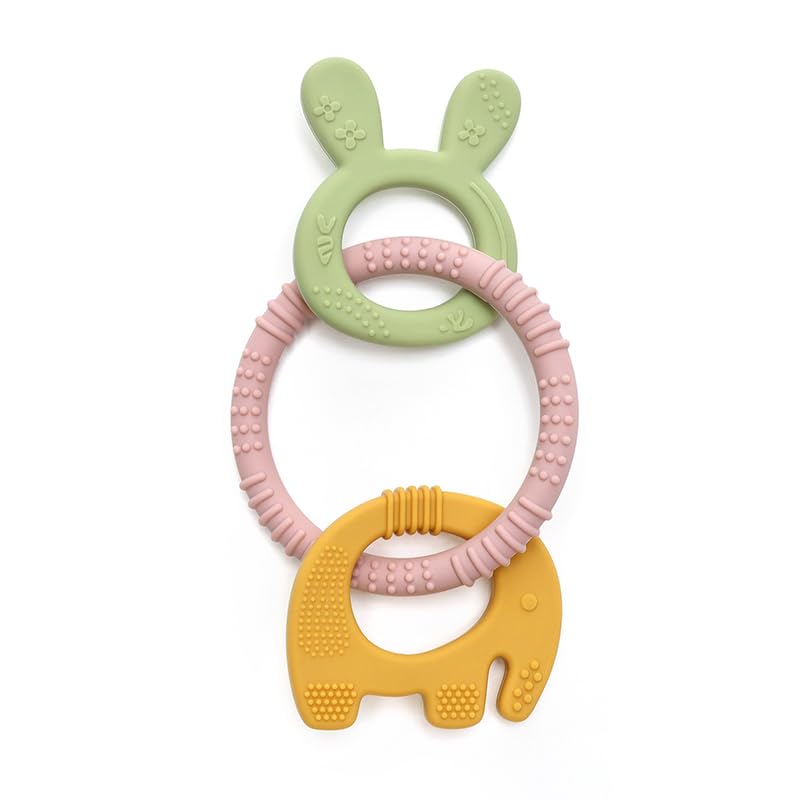 3 in 1 Rabbit & Elephant Silicone Teething Toys for Babies 3+ Months - Choking-Proof Design, 100% Food-Grade Safe - Infant to Toddler Teether for Boys & Girls (Pink Ring) - Perfect for Soothing Sore Gums During Teething & On-the-Go Play