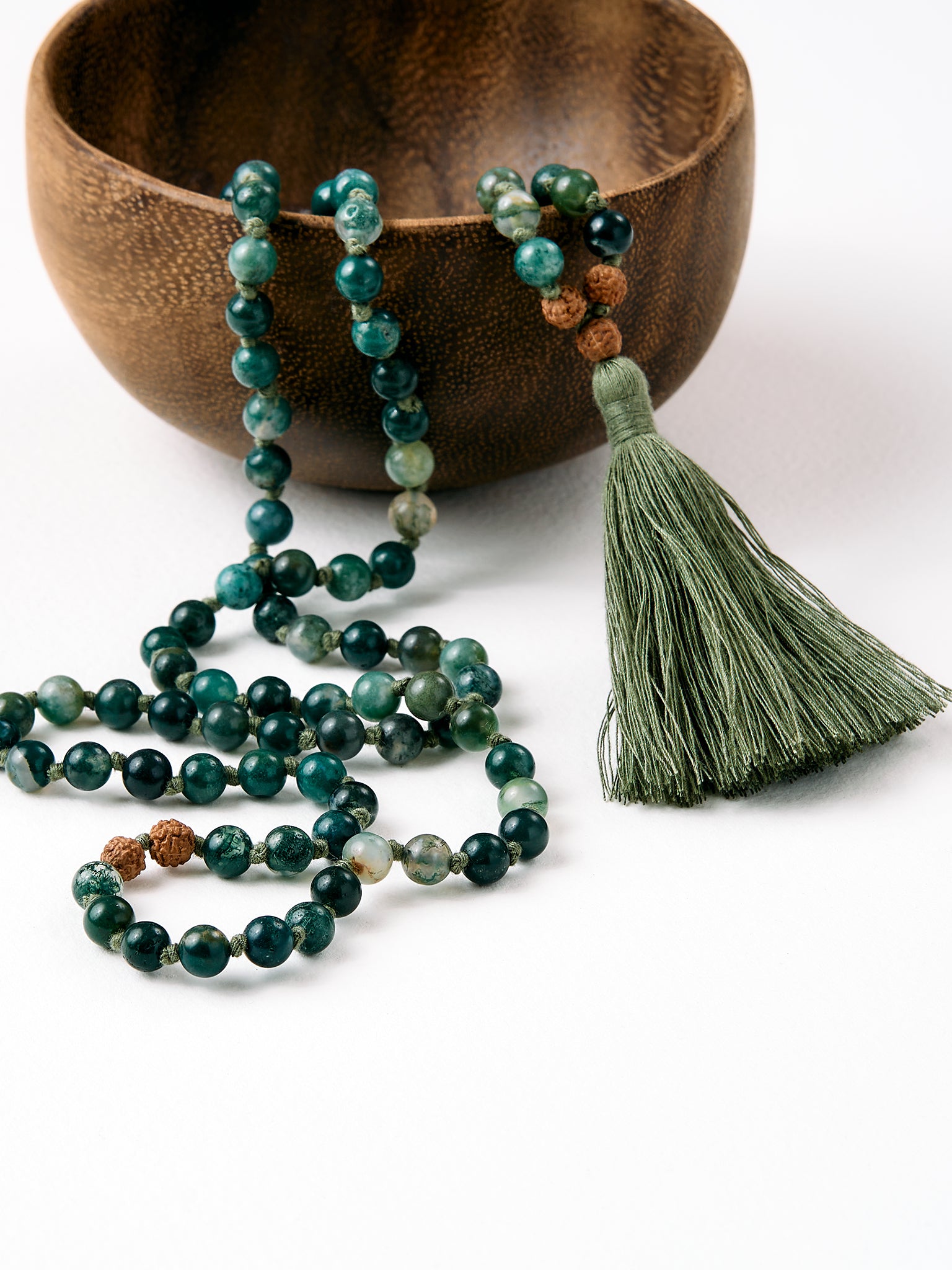 Green Moss Agate Mala Bead Necklace - Buddhist Meditation Prayer Beads for Yoga, Mindfulness & Spiritual Healing
