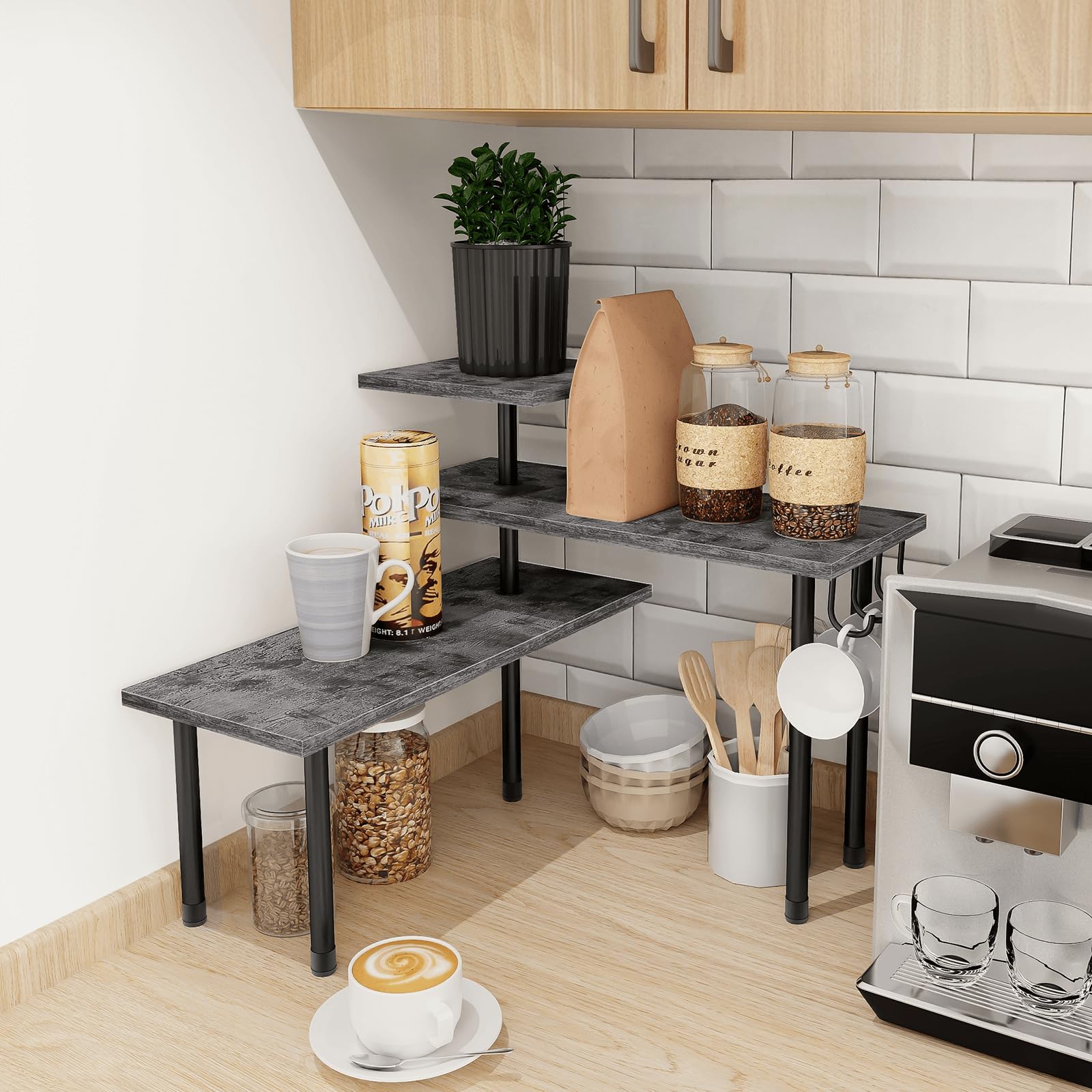 3-Tier Wooden Countertop Organizer - Space Saving Corner Shelf for Kitchen & Bathroom | Rustic Grey Finish | Easy Assembly | Perfect for Organizing Spices, Toiletries & Small Appliances