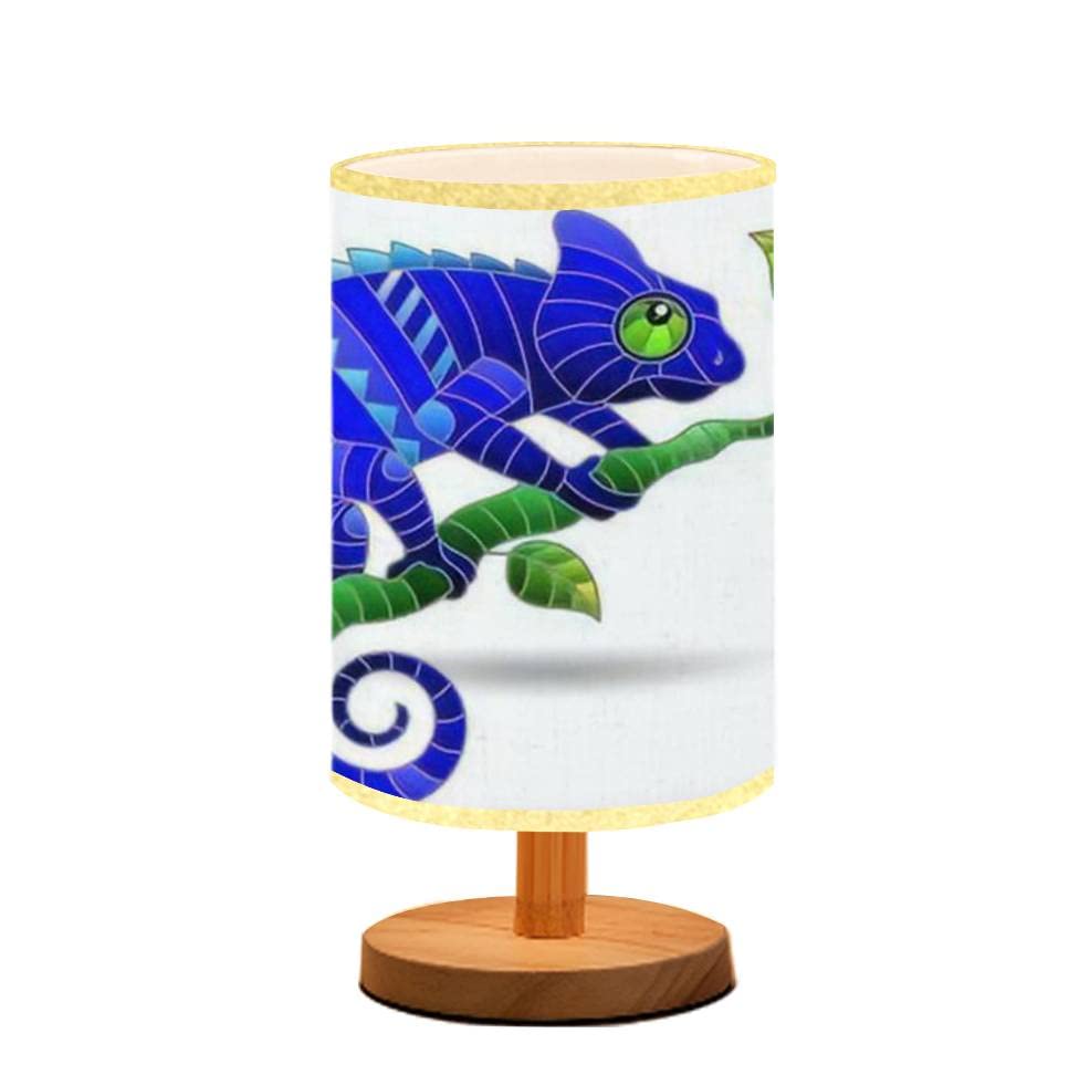 Stained Glass Table Lamp with Abstract Chameleon Design - Minimalist Wooden Nightstand Light with Flaxen Fabric Shade for Bedroom, Living Room & Nursing - Perfect for Reading, Breastfeeding & Ambient Lighting