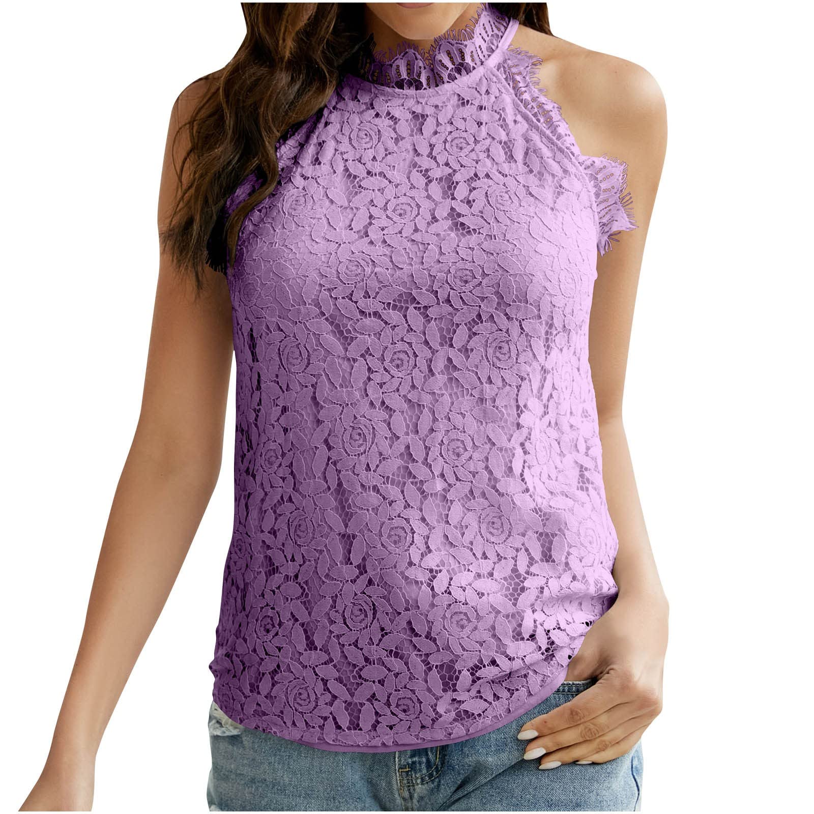 Women's Lace Crochet Tank Top - Summer Hollow Out Casual Blouse with Halter Neck | Perfect for Beach, Clubwear & Boho Fashion Outfits