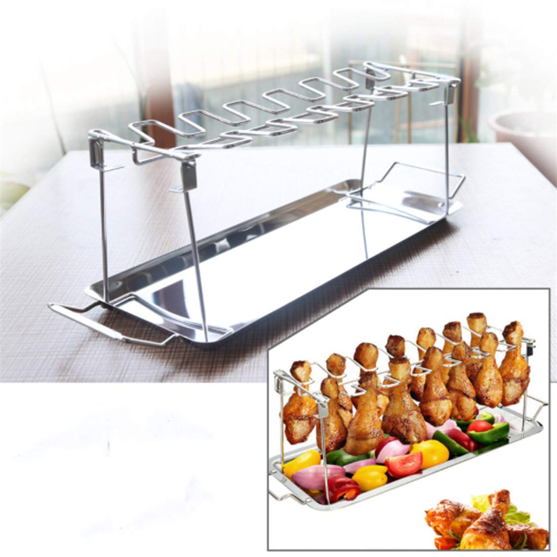 Stainless Steel Foldable Chicken Leg Wing Grill Rack - 12 Slots BBQ Drumstick Roaster Stand with Drip Pan for Smoker, Grill or Oven | Perfect for Backyard BBQ, Camping & Outdoor Cooking