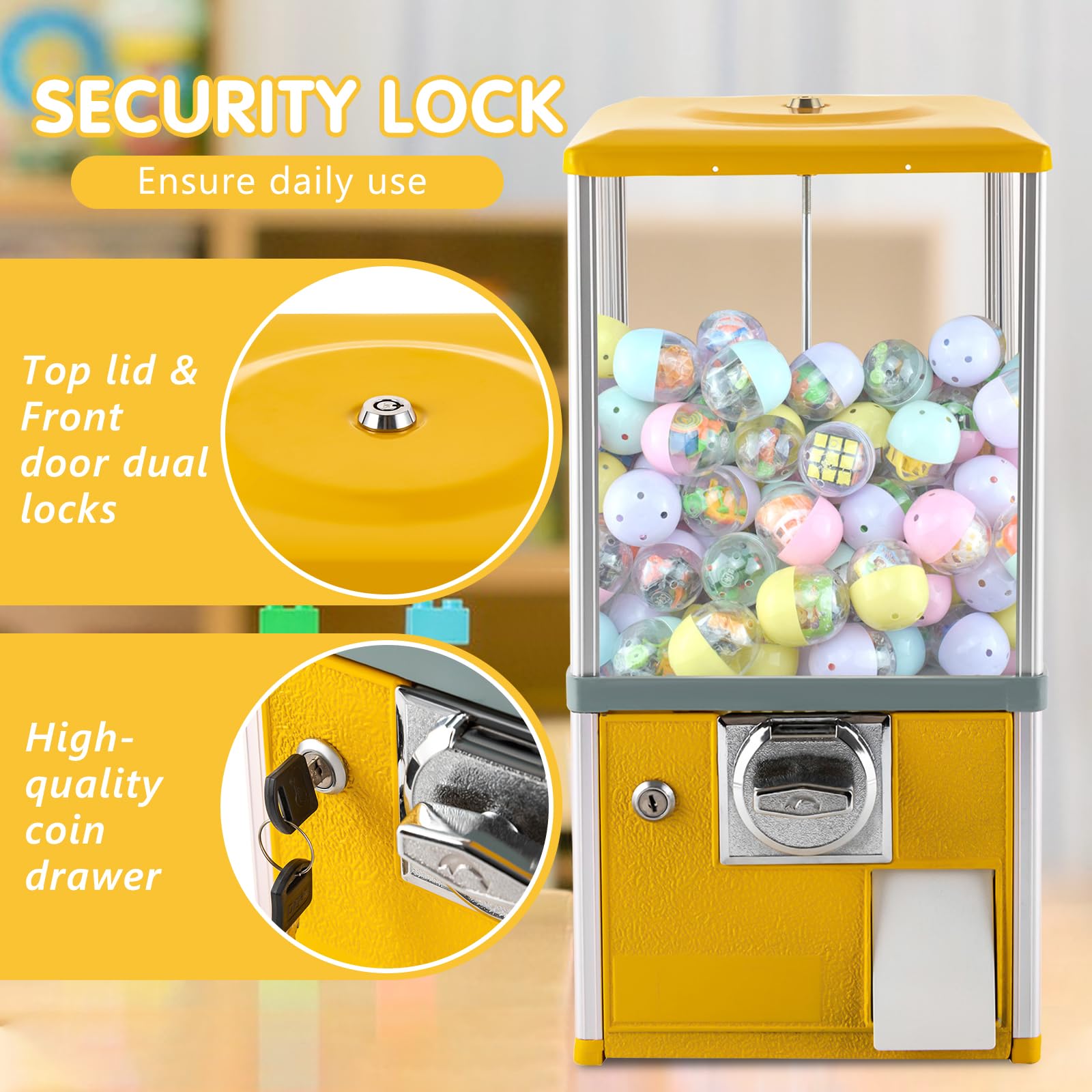 DYRABREST Commercial Toy & Candy Vending Machine - Large Capacity Gumball Bank for 1.18-2.17 Inch Toys - Perfect for Arcades, Game Stores, Retail Shops & Birthday Parties (Yellow)