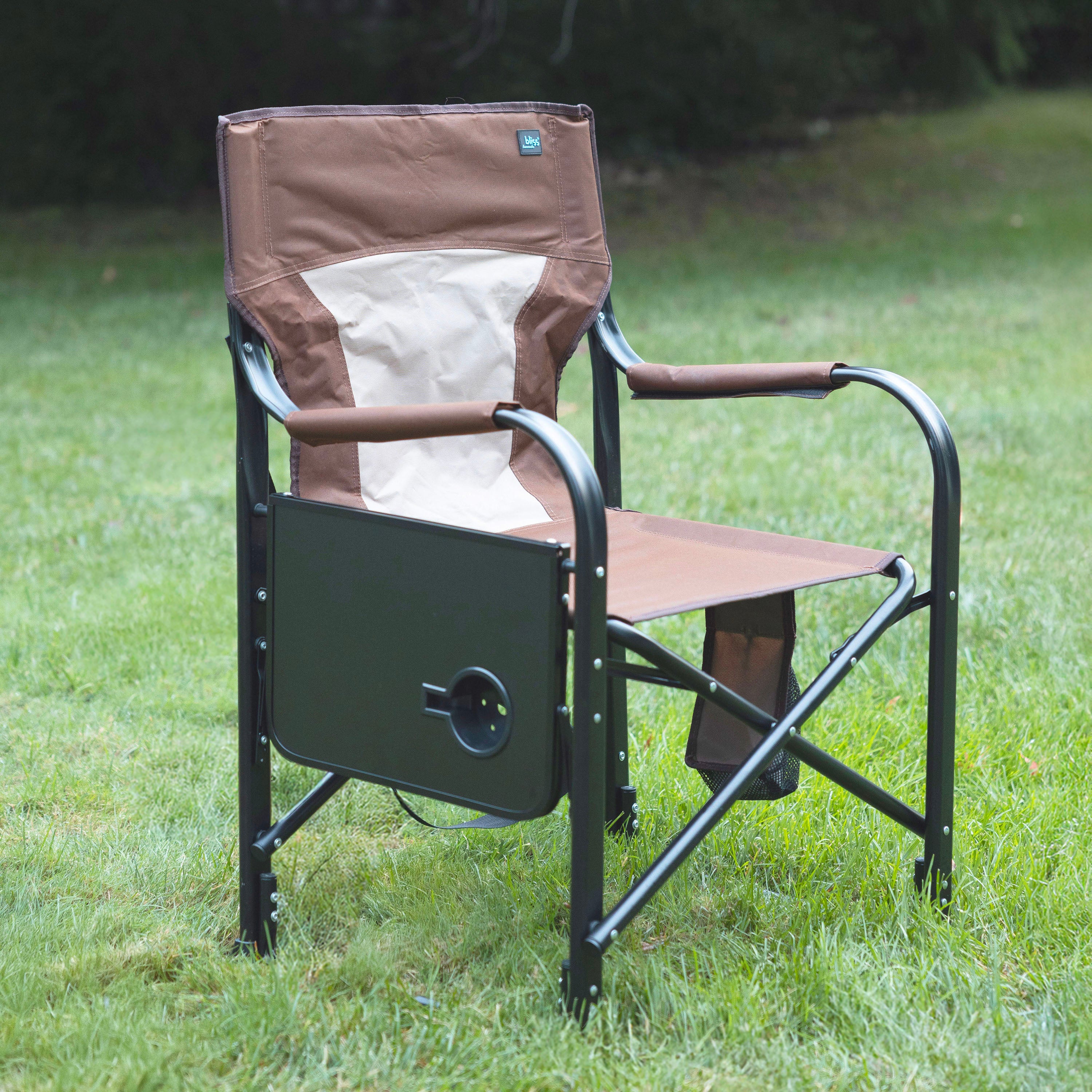 Bliss Hammocks BHC 24VH BRN 24 Volt Heated Director's Chair with 3 Temperature Settings | 21 Inch Wide Seat | Includes 2.0Ah Rechargeable Battery & Charger | Perfect for Outdoor Camping, Fishing, and Patio Relaxation