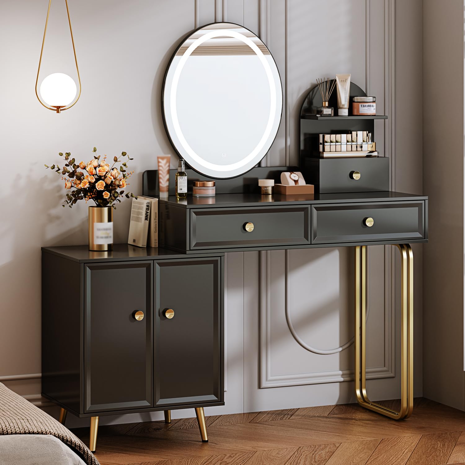 Modern Vanity Desk with Mirror & LED Lights - Small Makeup Table with 2 Spacious Drawers & Adjustable Cabinet - Elegant Dressing Table for Bedroom, Makeup Room, Home Office or Writing Desk - Perfect for Daily Beauty Routine & Workspace Organization
