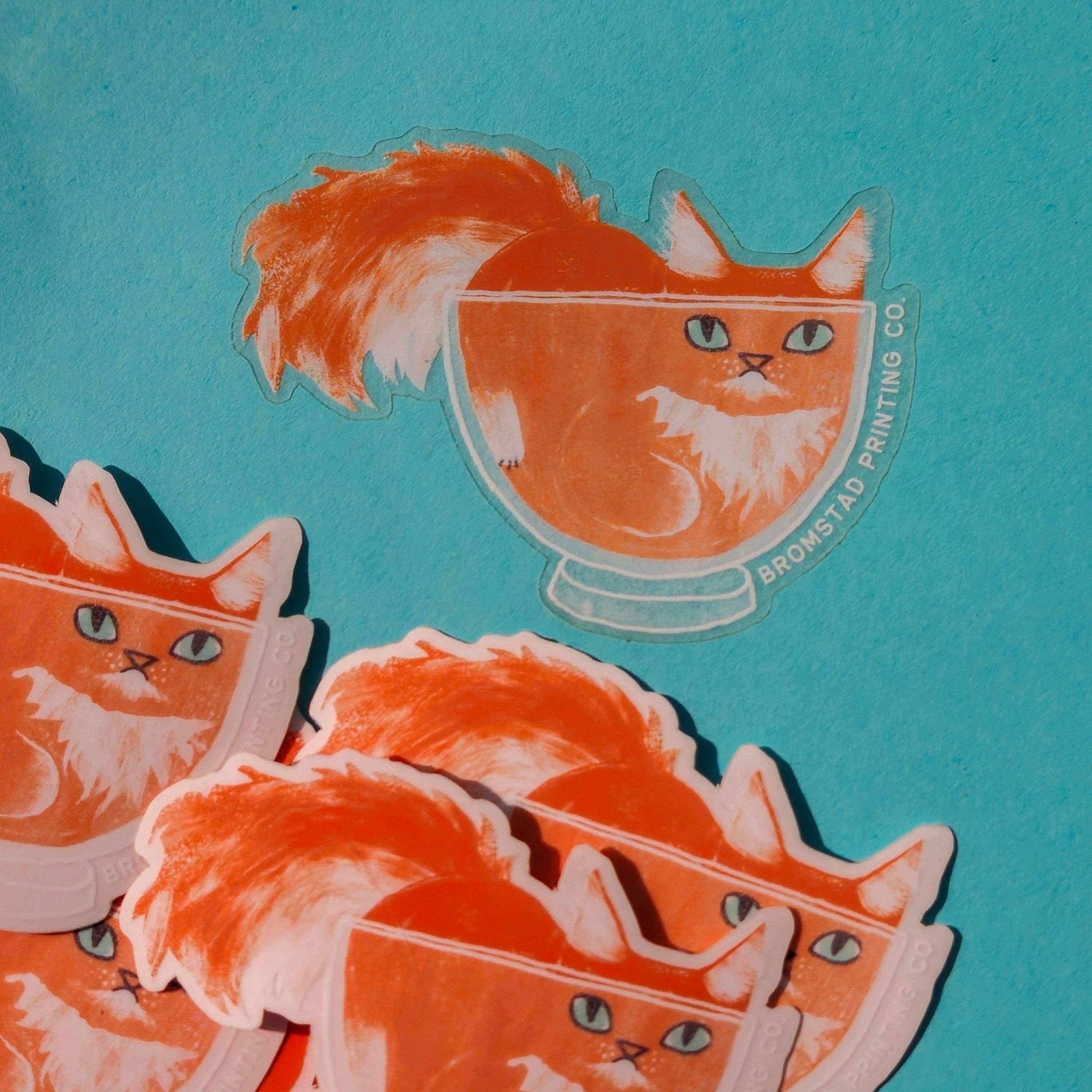 Orange Cat in a Bowl Clear Sticker - Waterproof Vinyl Decal for Laptops, Water Bottles & DIY Crafts - Cute Kitten Design for Home Decor & Scrapbooking