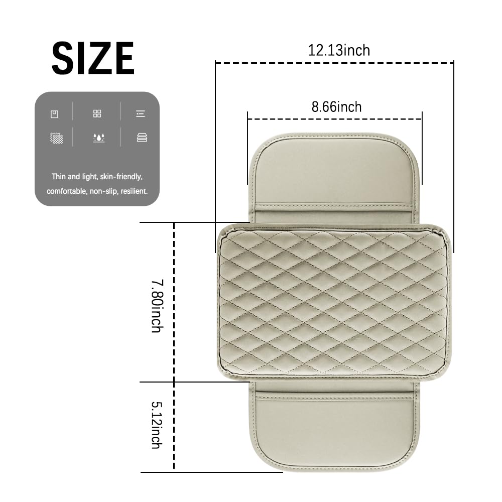 Premium Carleef Thin Arm Rest Cover - Universal Leather & Memory Foam Center Console Cover with Storage Bags - Light Beige Car Interior Accessory for Most Vehicles - Perfect for Road Trips, Commuting & Long Drives