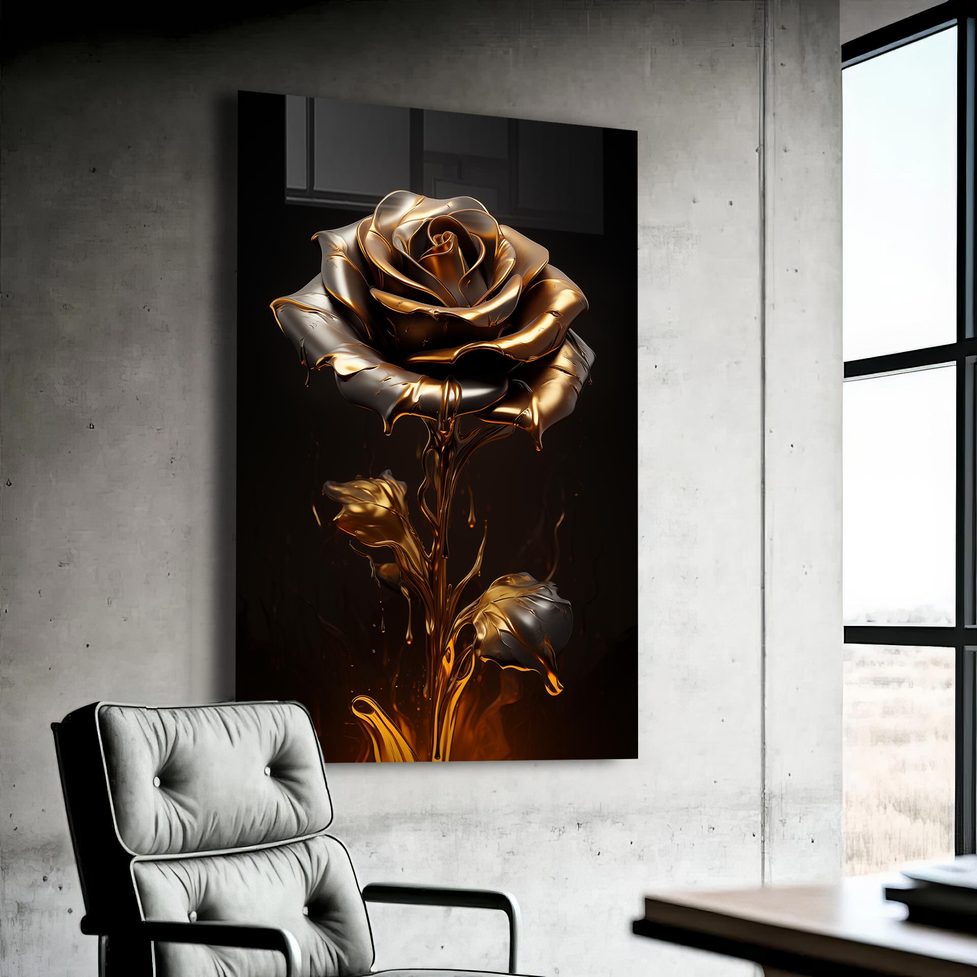 Golden Rose Tempered Glass Wall Art - Elegant Home Decor for Living Room, Bedroom & Office - Shatterproof & Stylish Design