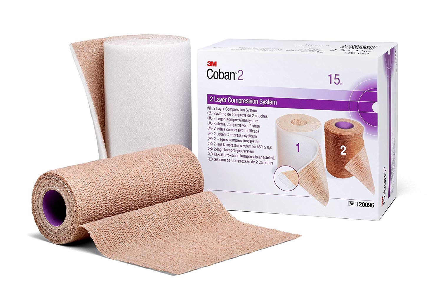 Coban 20096 2 Layer Compression Bandage System - 6 Inch x 3.8 Yard & 6 Inch x 4.9 Yard - 35-40 mmHg Self-Adherent Wrap for Swelling & Lymphedema - Tan/White Non-Sterile (Case of 8) - Ideal for Post-Surgery Recovery & Sports Injury Support