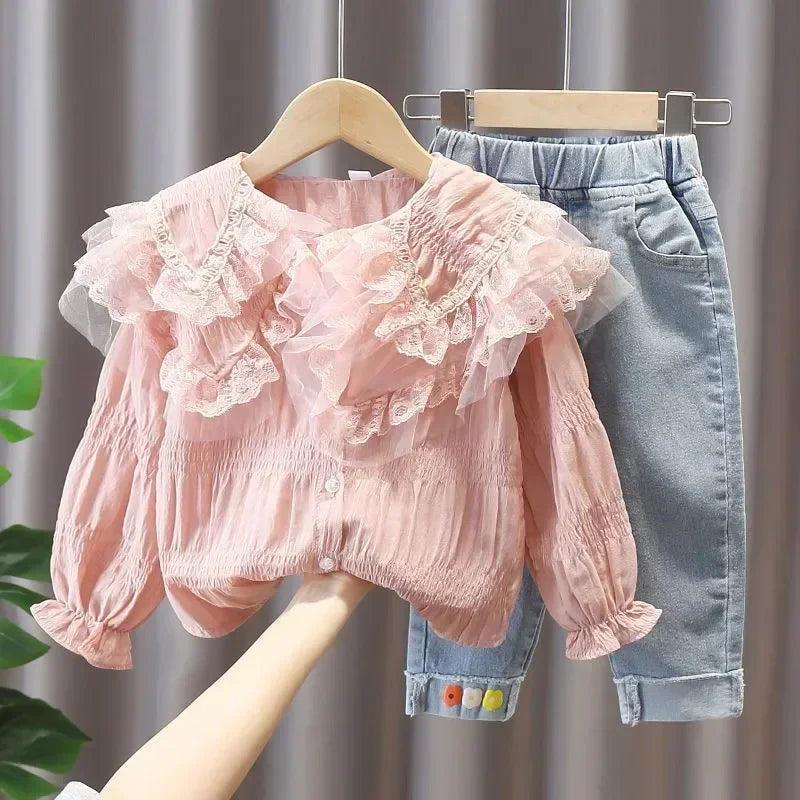 Girls' Spring & Autumn Outfit Set - Fashionable Lace Shirt + Denim Jeans for Toddler & Baby Girls | Perfect for Playdates, School & Family Photos
