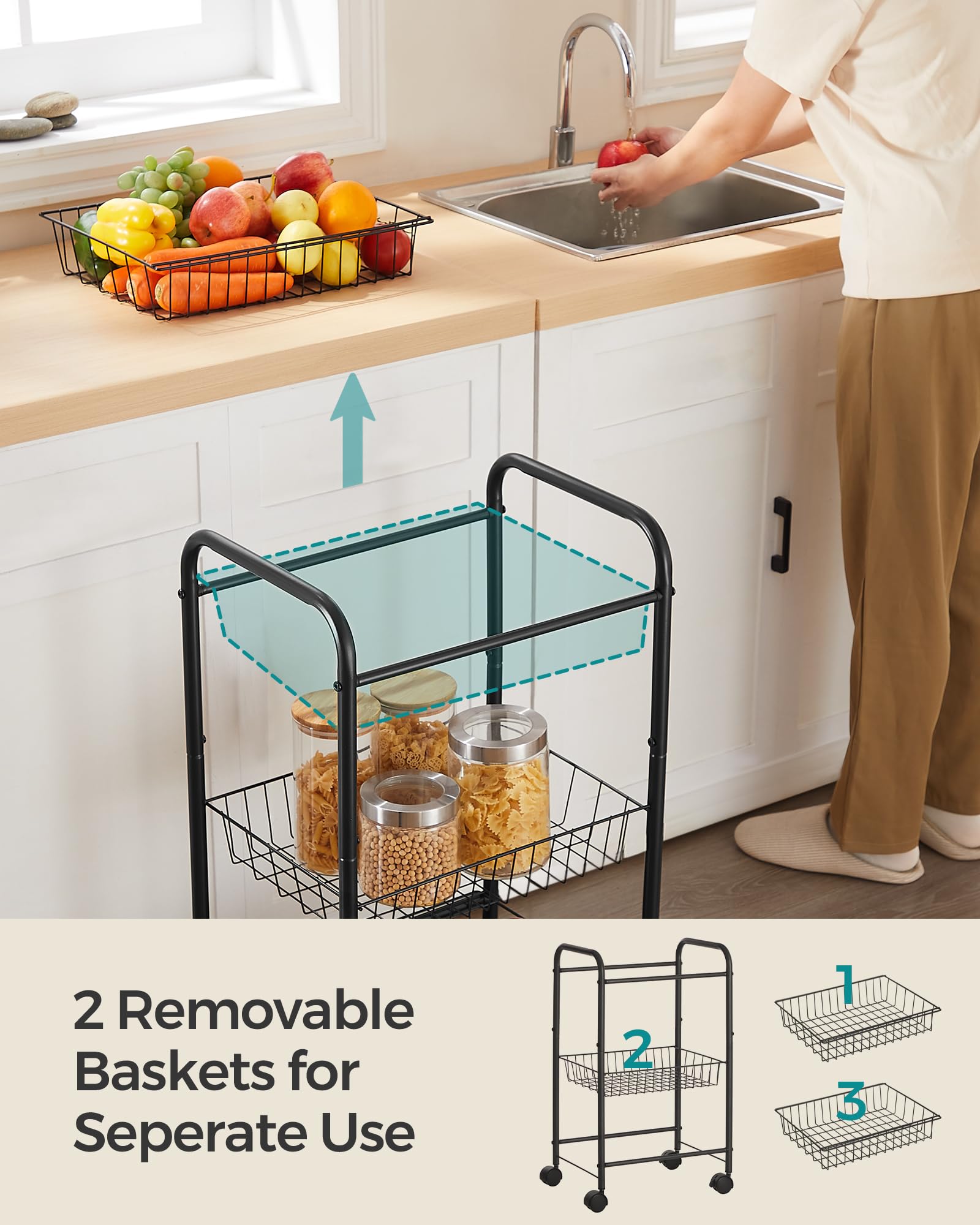 SONGMICS 3-Tier Metal Rolling Cart with Wheels & Lockable Baskets, Utility Trolley with Handles for Kitchen Storage, Bathroom Organization & Closet Shelving - Removable Shelves, Black UBSC03BK | Perfect for Home, Office & Dorm Room Organization