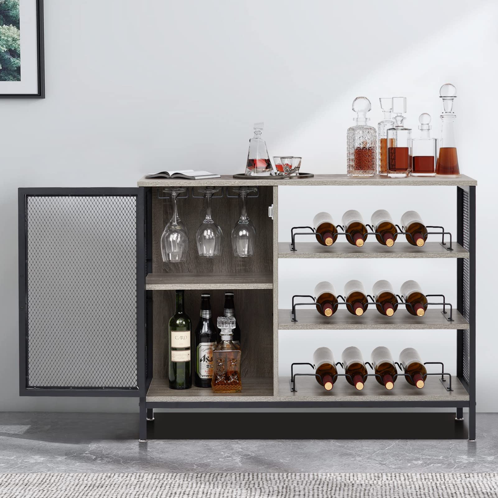 Modern Grey Bar Cabinet for Home - Wine & Liquor Storage with Removable Wine Rack, Glass Holder & Coffee Bar - Space-Saving Corner Cabinet for Living Room, Dining Room or Home Office