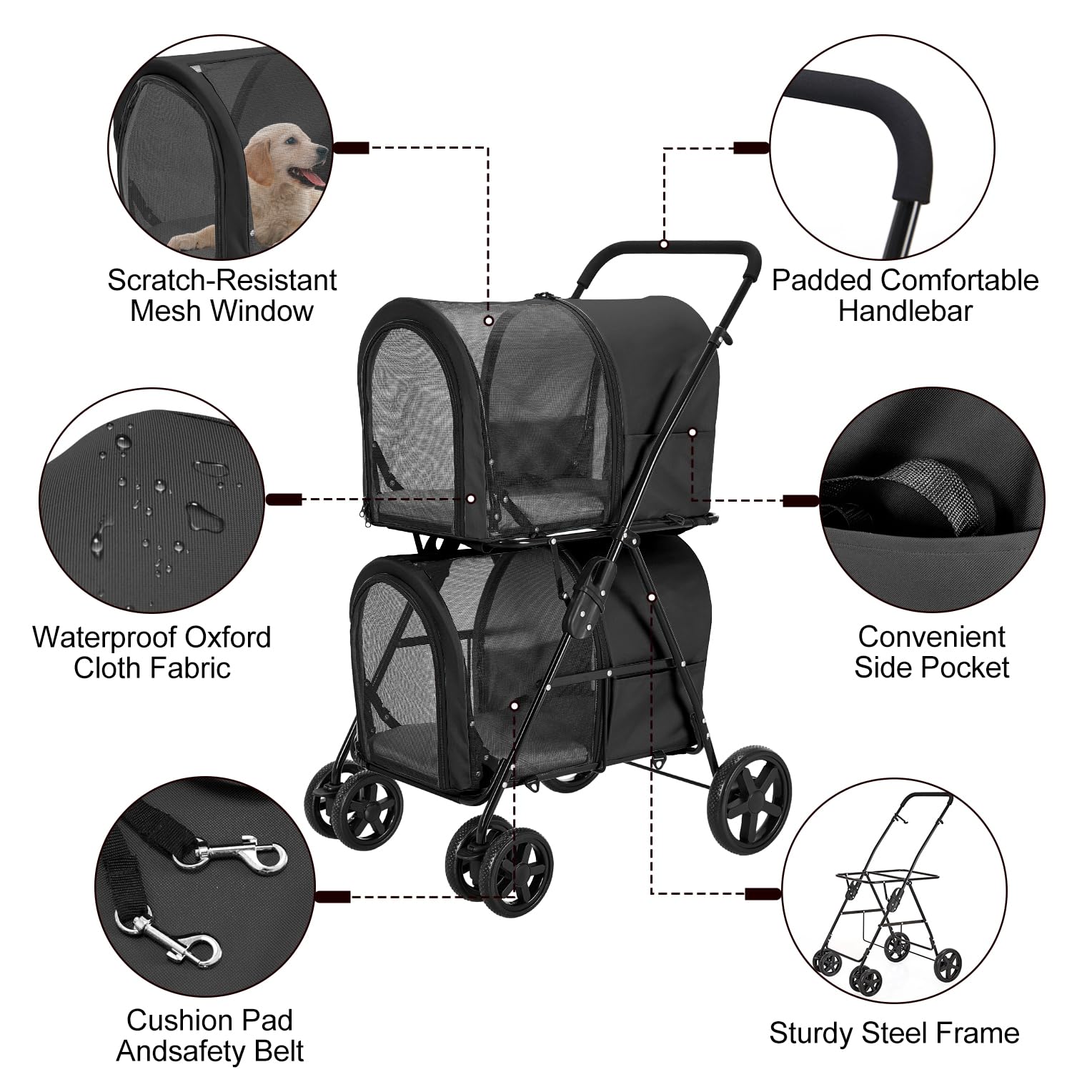 Double Pet Stroller for Dogs & Cats - 2 Detachable Carriers, Quick-Folding Design for Small/Medium Pets, 4-Wheel Black Stroller | Perfect for Park Walks, Vet Visits & Shopping Trips