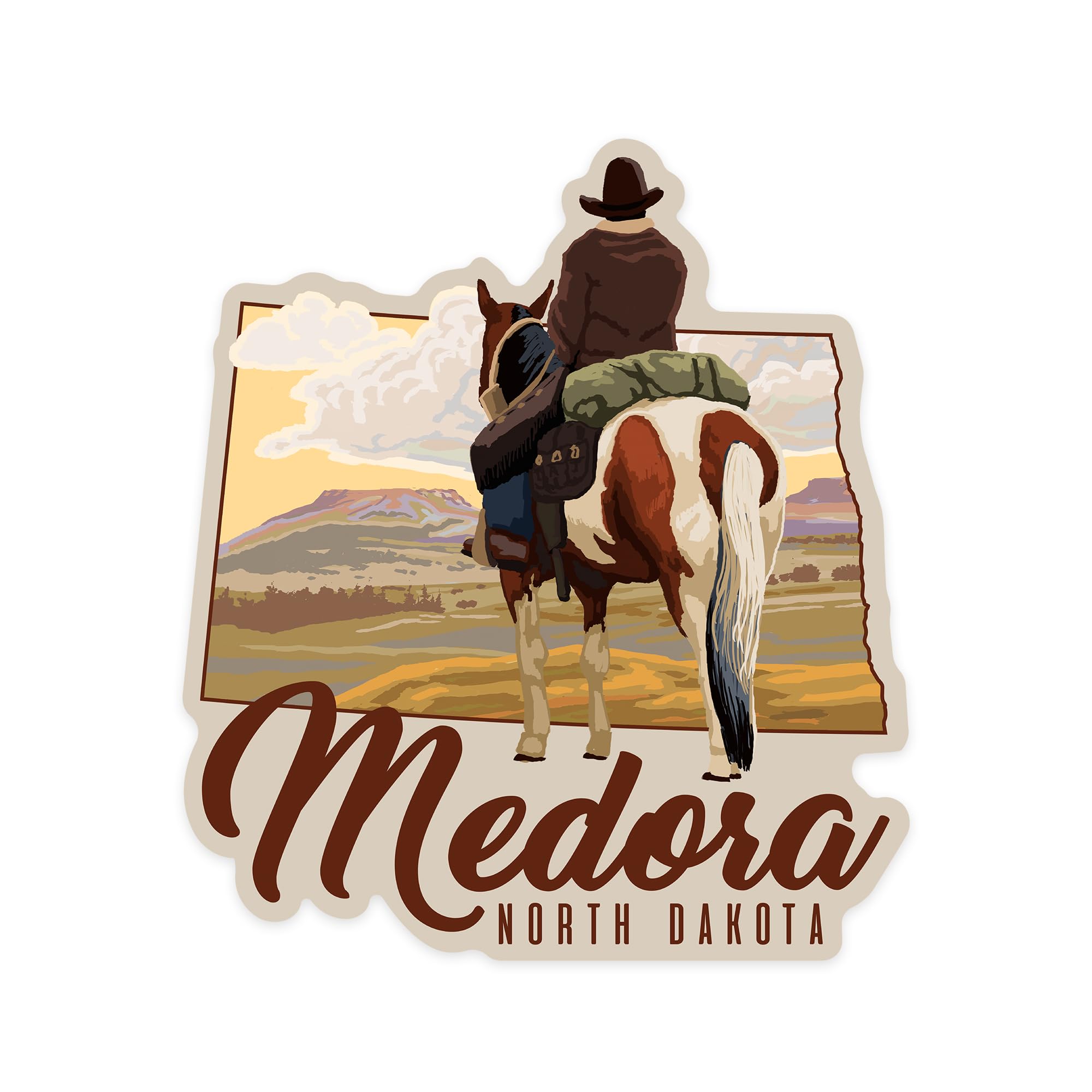 Premium Die-Cut Vinyl Sticker - Medora North Dakota Scenic Cowboy on Ridge Decal (1-3 Inch Waterproof Sticker for Cars, Laptops, Water Bottles, Coolers) - Perfect for Outdoor Enthusiasts, Travel Lovers & Western Decor