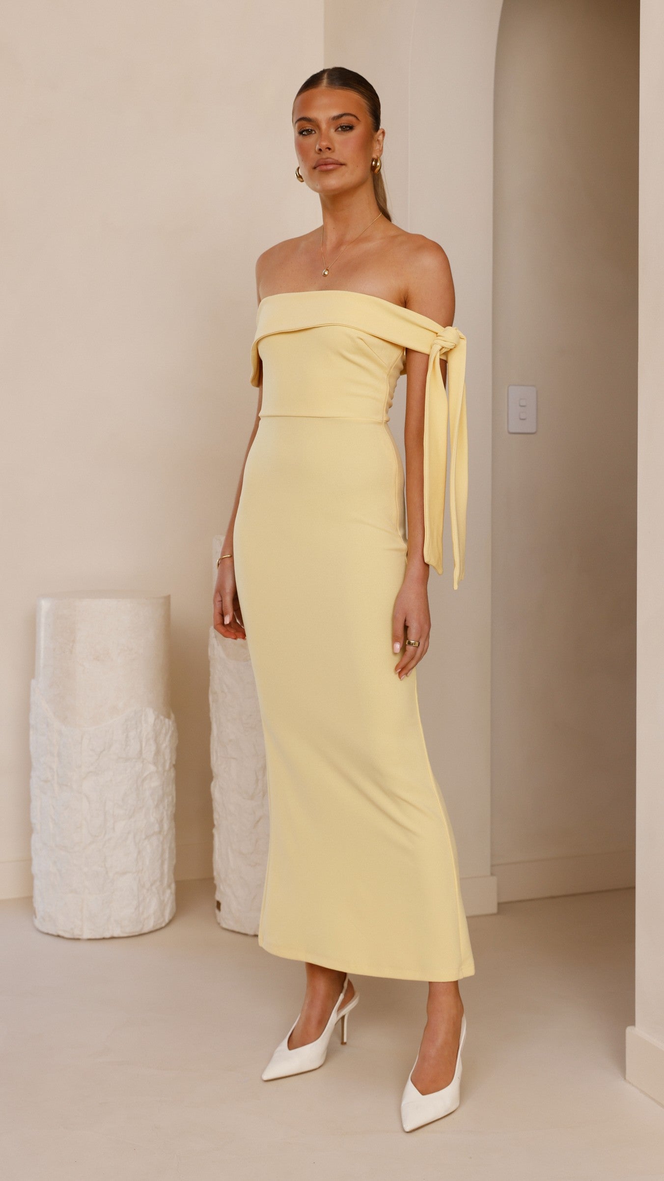 Halen Off Shoulder Midi Dress - Flowy Summer Lemon Yellow Dress for Women | Beach Wedding, Vacation, Date Night Outfit