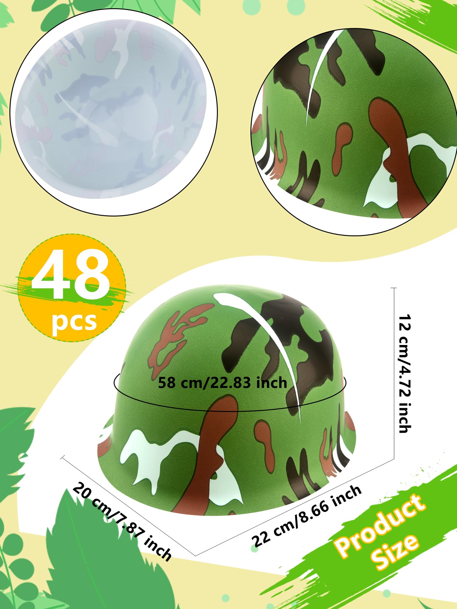 48 Pack Kids Army Helmets - Plastic Camouflage Soldier Hats for Boys & Girls - Halloween Costume Accessories & Camo Party Supplies - Perfect for Dress-Up, Role Play, and Military Themed Parties