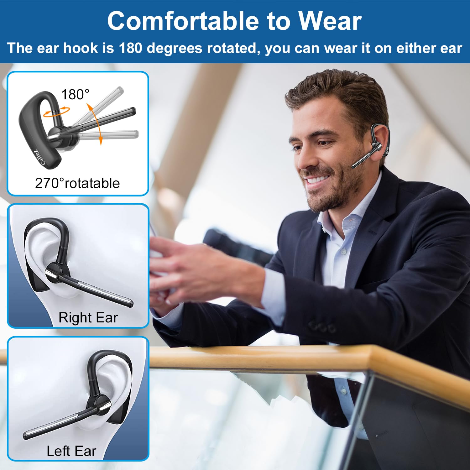 Wireless Bluetooth Headset for iPhone & Android Phones - V5.0 Earpiece with CVC8.0 Noise Cancellation, Dual Mic, Mute/Volume Controls - Hands-Free Headset for Truckers, Office, Business Calls & Online Meetings