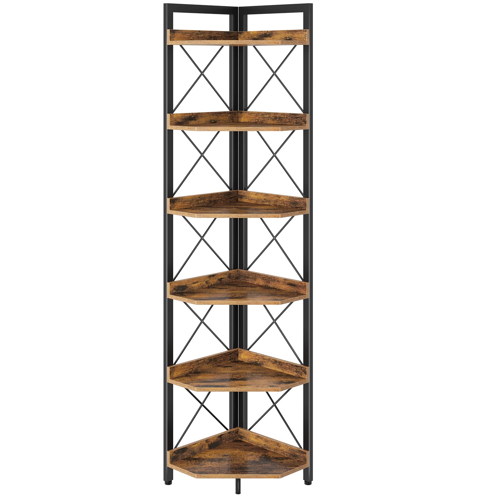 Rolanstar 6-Tier Corner Bookshelf - Rustic Brown Ladder Shelf for Books, Plants & Decor | Space-Saving Storage for Living Room, Kitchen, Balcony & Small Spaces | Perfect for Home, Office & Apartment Organization