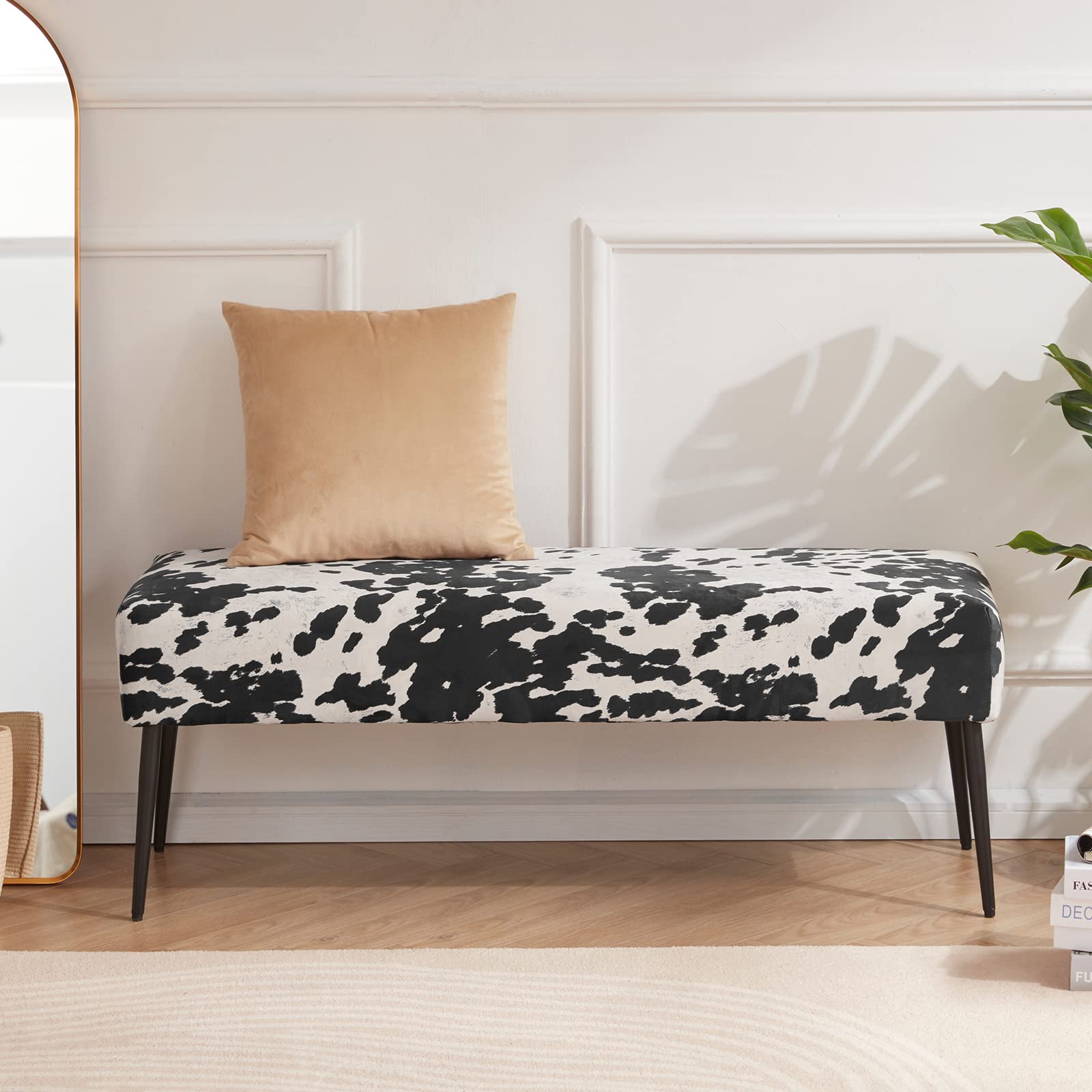 DUHOME Velvet Bench Ottoman with Cow Print - Upholstered Bedroom Bench with Black Metal Base - Perfect for Entryway, Dining Room, Living Room & Bedroom Decor - Stylish Seating & Storage Solution for Home, Office or Dorm