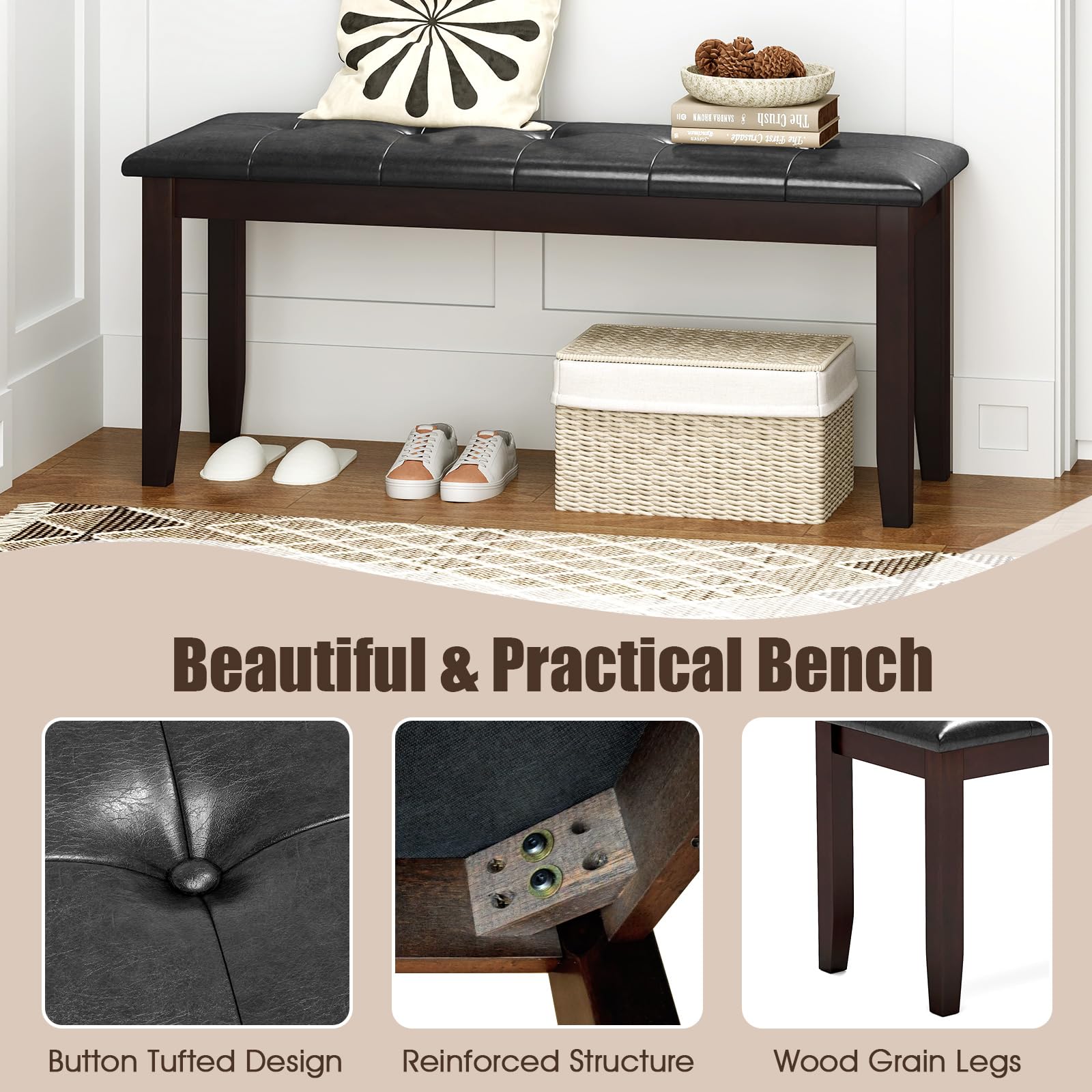 Giantex Traditional Upholstered Dining Room Bench - PU Leather Entryway Bench for Hallway, Bedroom End of Bed & Ottoman - Perfect for Living Room, Entry Hall and Bedroom Decor (Brown)