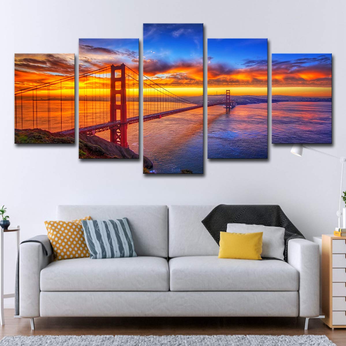 5 Panels Modern Canvas Wall Art - Golden Gate Bridge at Sunrise San Francisco Cityscape Landscape Print - Giclee Artwork for Living Room, Bedroom & Office Decor - Home & Wall Decoration Gift Idea