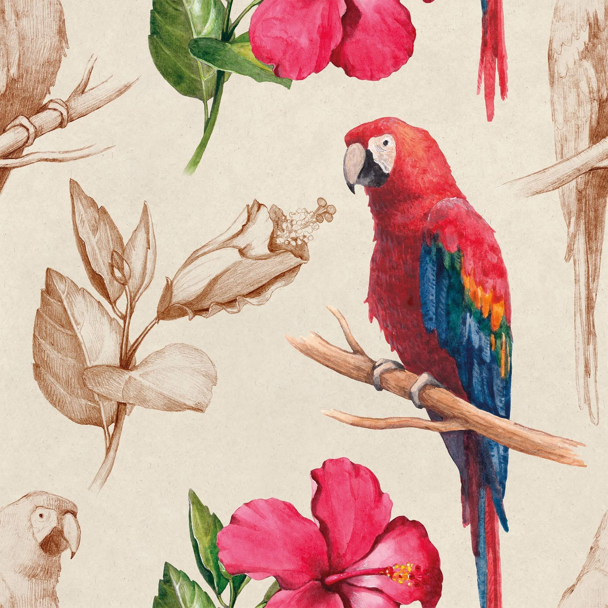 Red and Tan Bird Animal Peel and Stick Removable Wallpaper 2321 - Self-Adhesive Decorative Wall Mural for Nursery, Bedroom, Living Room Decor