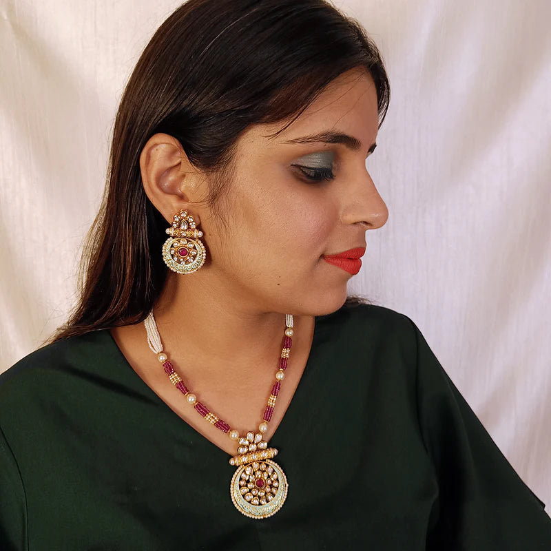 Luxury Gold Plated Royal Kundan Ruby Beads Pendant Necklace Set (D437) - Perfect for Weddings, Parties & Special Occasions