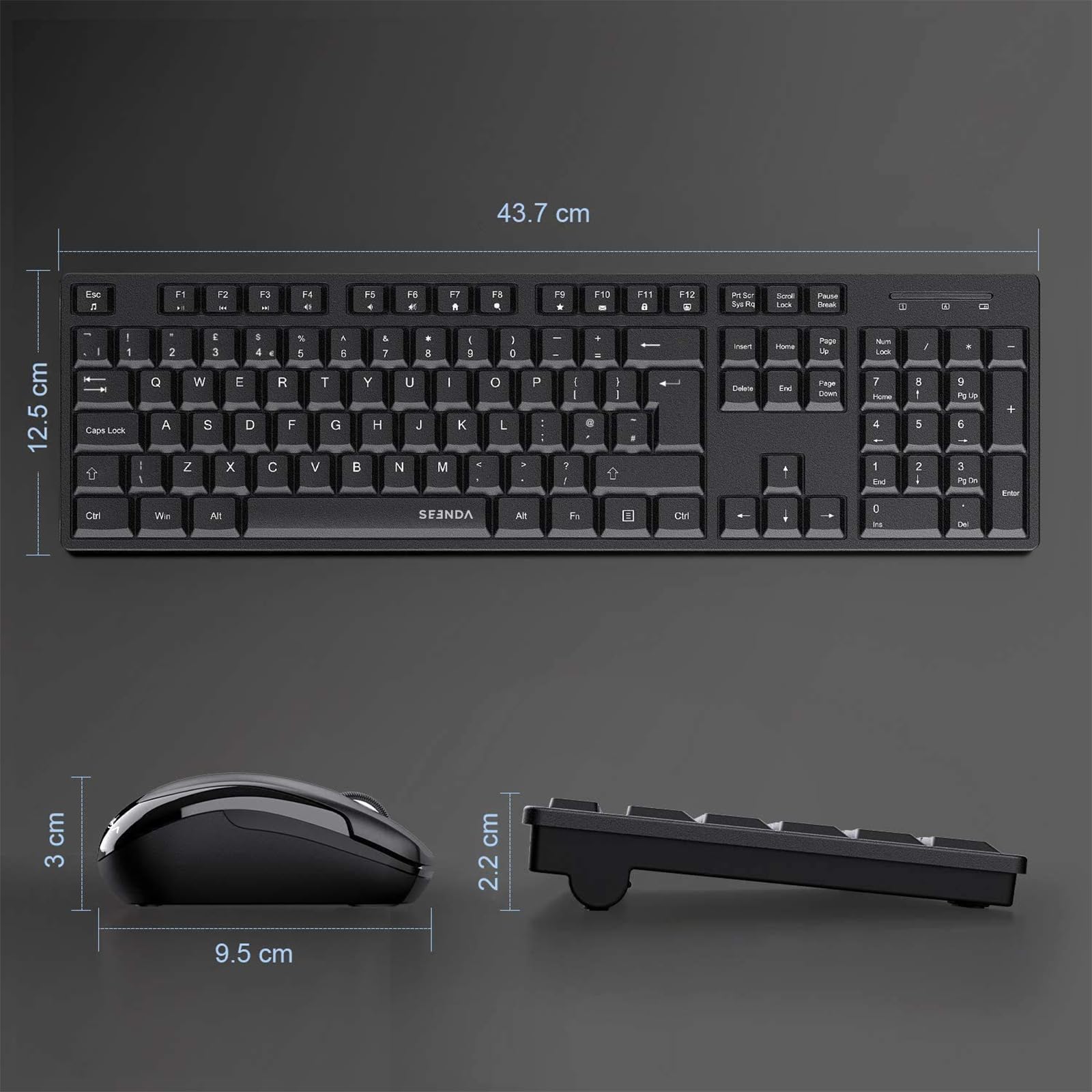 2.4G Wireless Keyboard and Mouse Set with USB Receiver - Full Size QWERTY UK Layout, Numeric Keypad & Multimedia Shortcuts for Windows PC/Laptop - Ergonomic Black Design for Office Work & Gaming