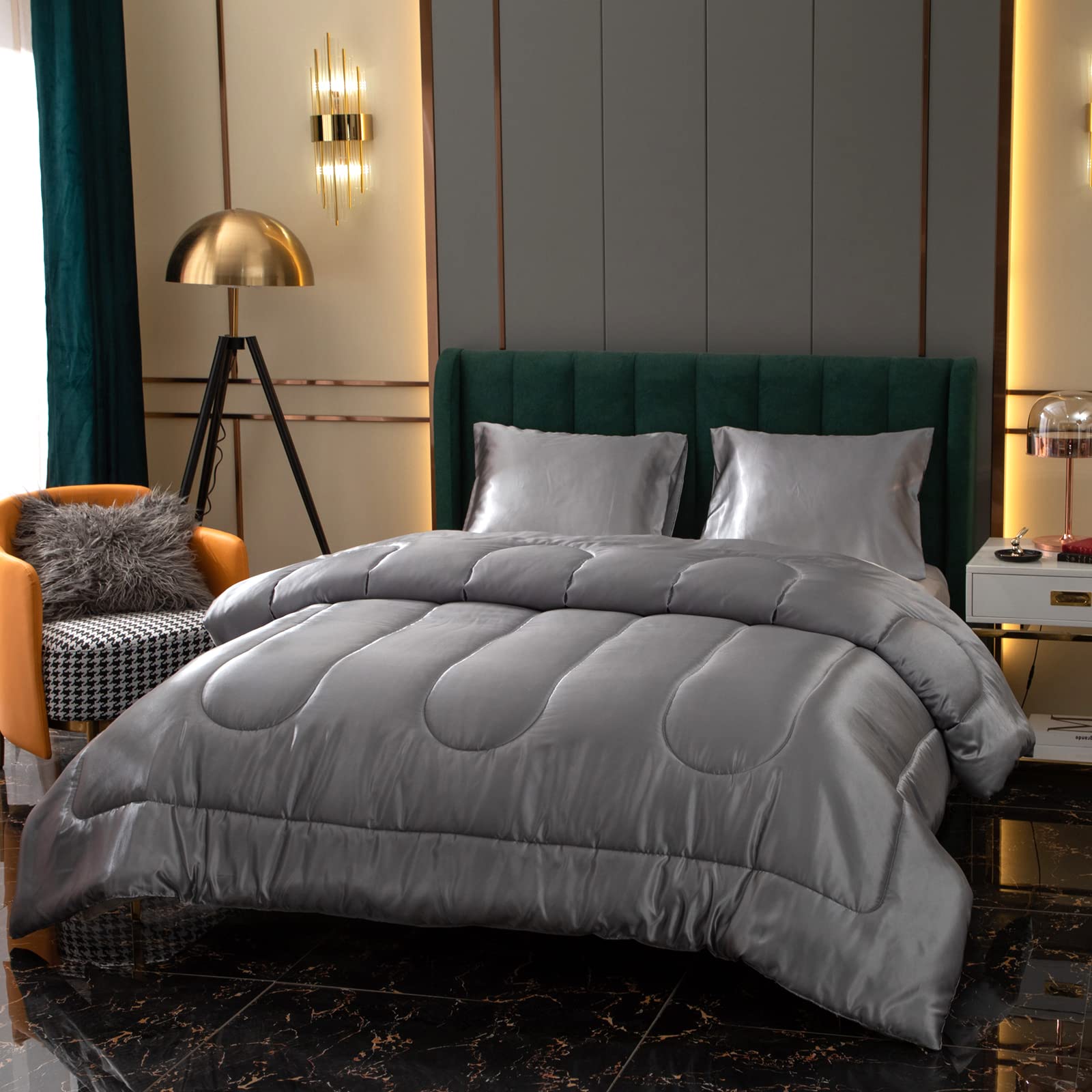 Luxury Satin Comforter Set King Size - Silky Smooth Gray Bedding with Polyester Filling (1 Comforter + 2 Pillowcases) | Hotel-Quality Comfort for Master Bedroom & Guest Room Decor