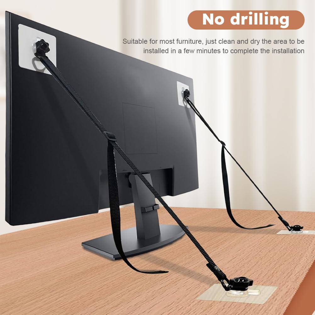 2 Pack No-Drill TV Safety Straps - Heavy Duty Anti-Tip Furniture Anchors for Flat Screens, Wall Mounting, Cabinets & Desks - Adjustable Adhesive TV Wall Mount (Black) - Perfect for Childproofing & Earthquake Safety in Living Rooms, Bedrooms & Offices