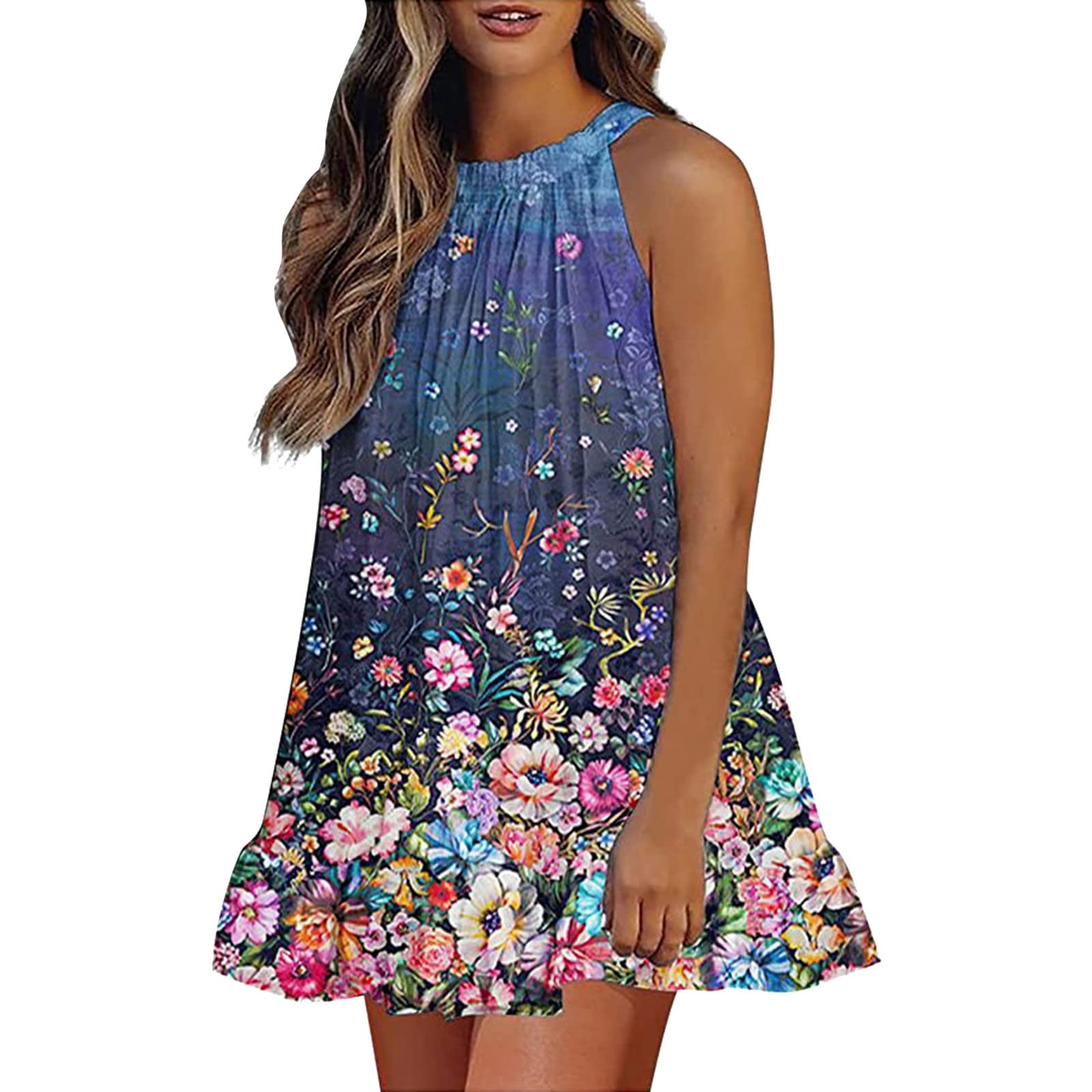Women's Floral Halter Self-Tie Sleeveless Flowy High-Low Mini Dress - Summer Beach Vacation, Pool Party & Casual Outfit