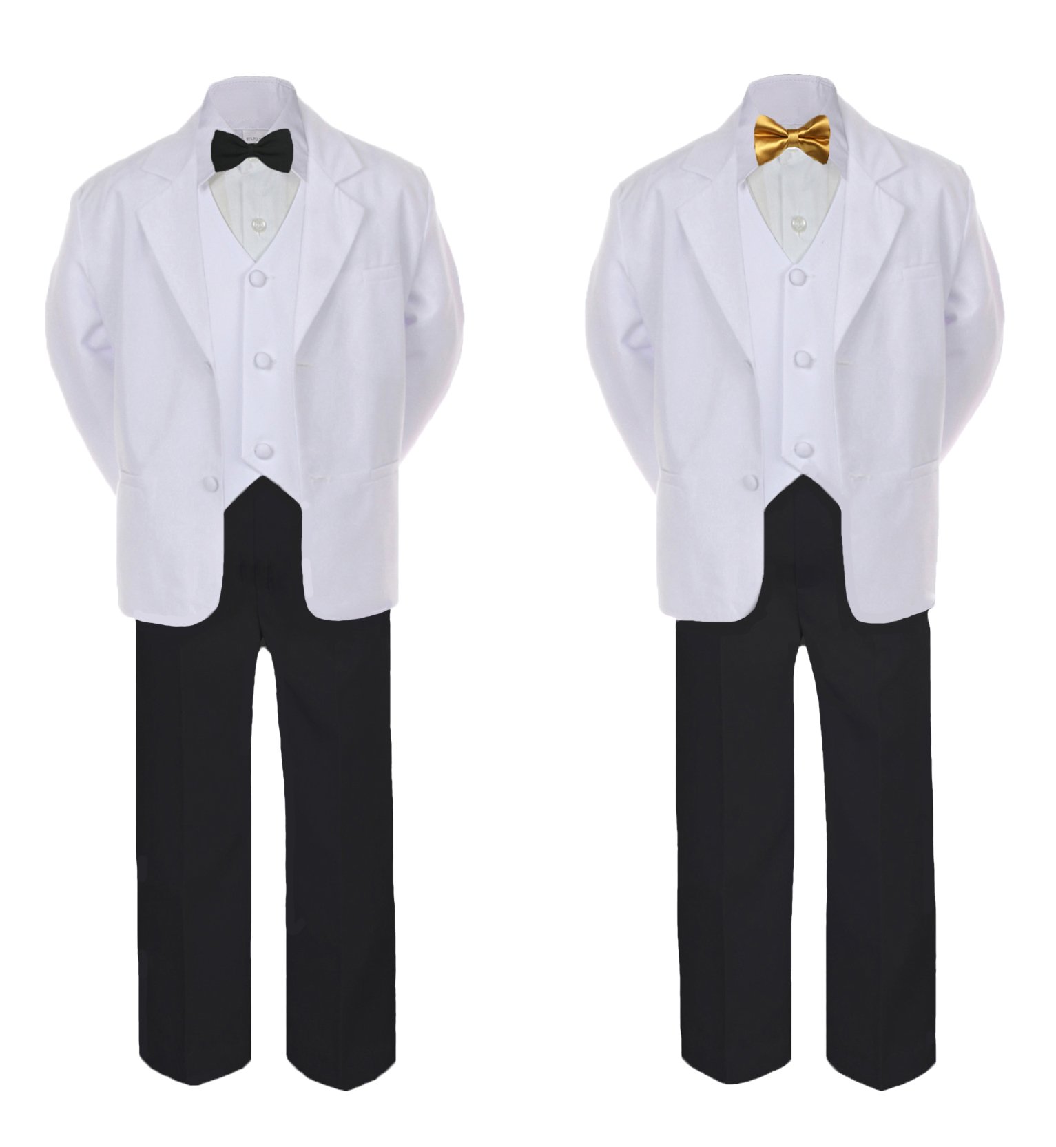 5-7pc Boys Formal Suit Set with Gold Bow Tie & Vest - Black & White Outfit for Baby to Teen (SM-20) - Perfect for Weddings, Parties & Special Occasions