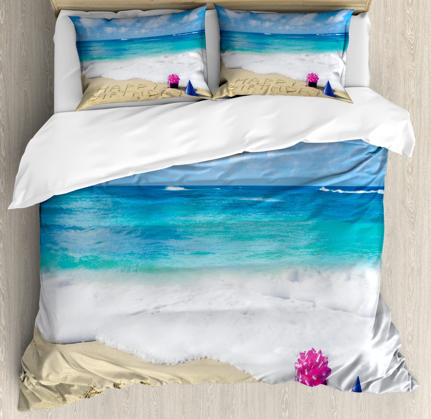Ambesonne Birthday Duvet Cover Set - Happy Beach Party Theme with Hats & Gifts | 2-Piece Cal King Size Bedding (2 Duvet Covers + 4 Pillowcases) in Blue, Pale Brown & Pink | Perfect for Birthday Celebrations & Beach-Themed Bedrooms
