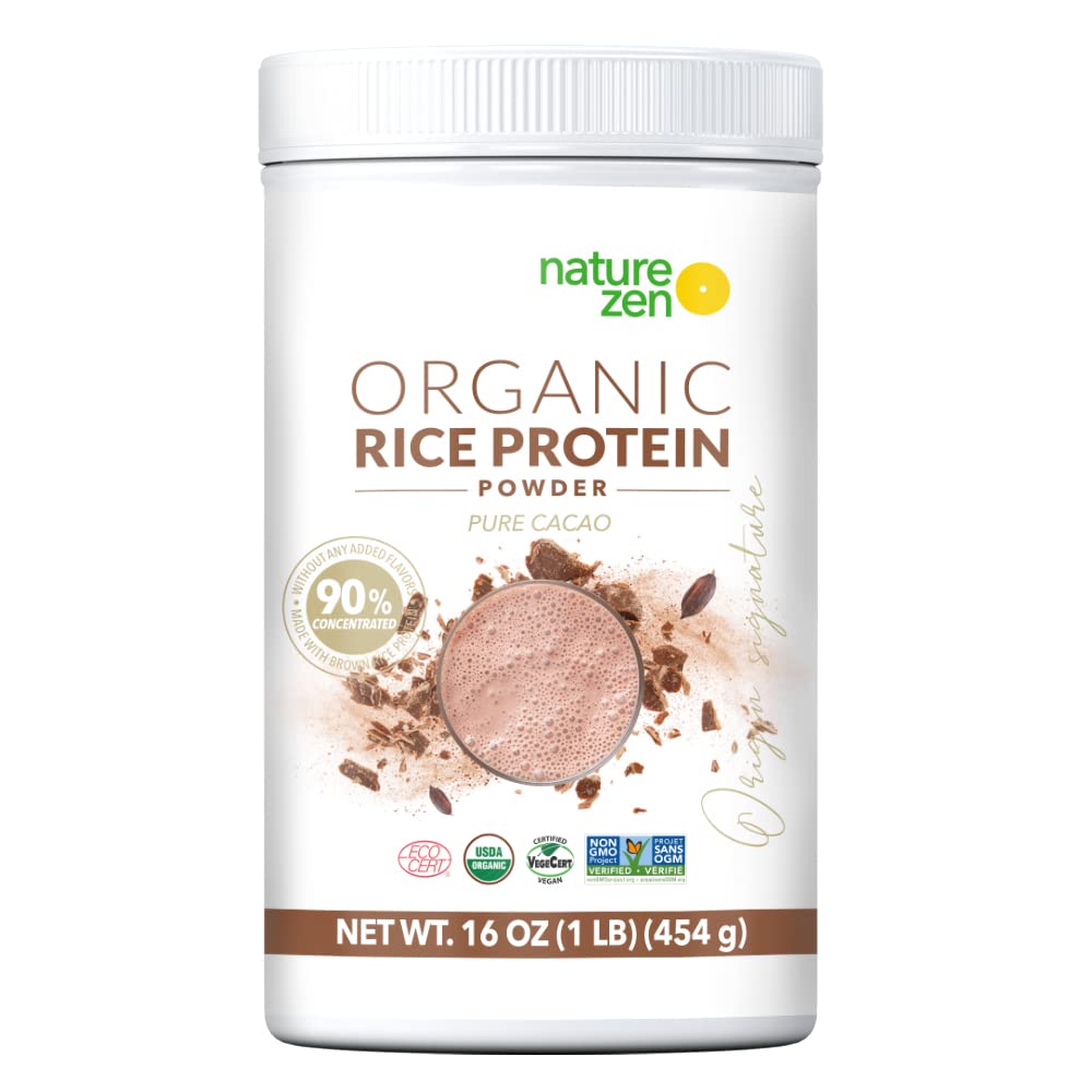 Organic Vegan Protein Powder - Nature Zen Rice Protein, Sugar-Free, Dairy-Free, Soy-Free, Gluten-Free, Non-GMO, Kosher, High Fiber (1LB, Cacao) - Perfect for Smoothies, Baking & Post-Workout Recovery