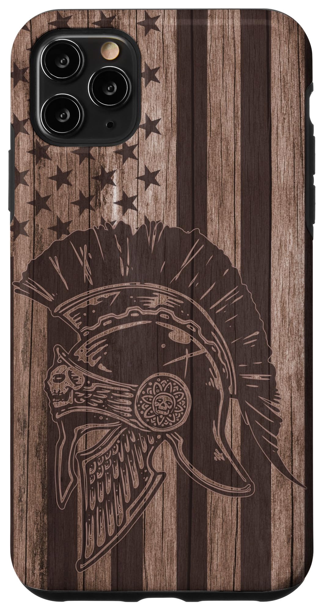 iPhone 11 Pro Max Case - Premium Wooden Spartan Helmet Design with American Flag - Ancient Greek Warrior Style - Perfect for Daily Use, Travel & Gift Giving