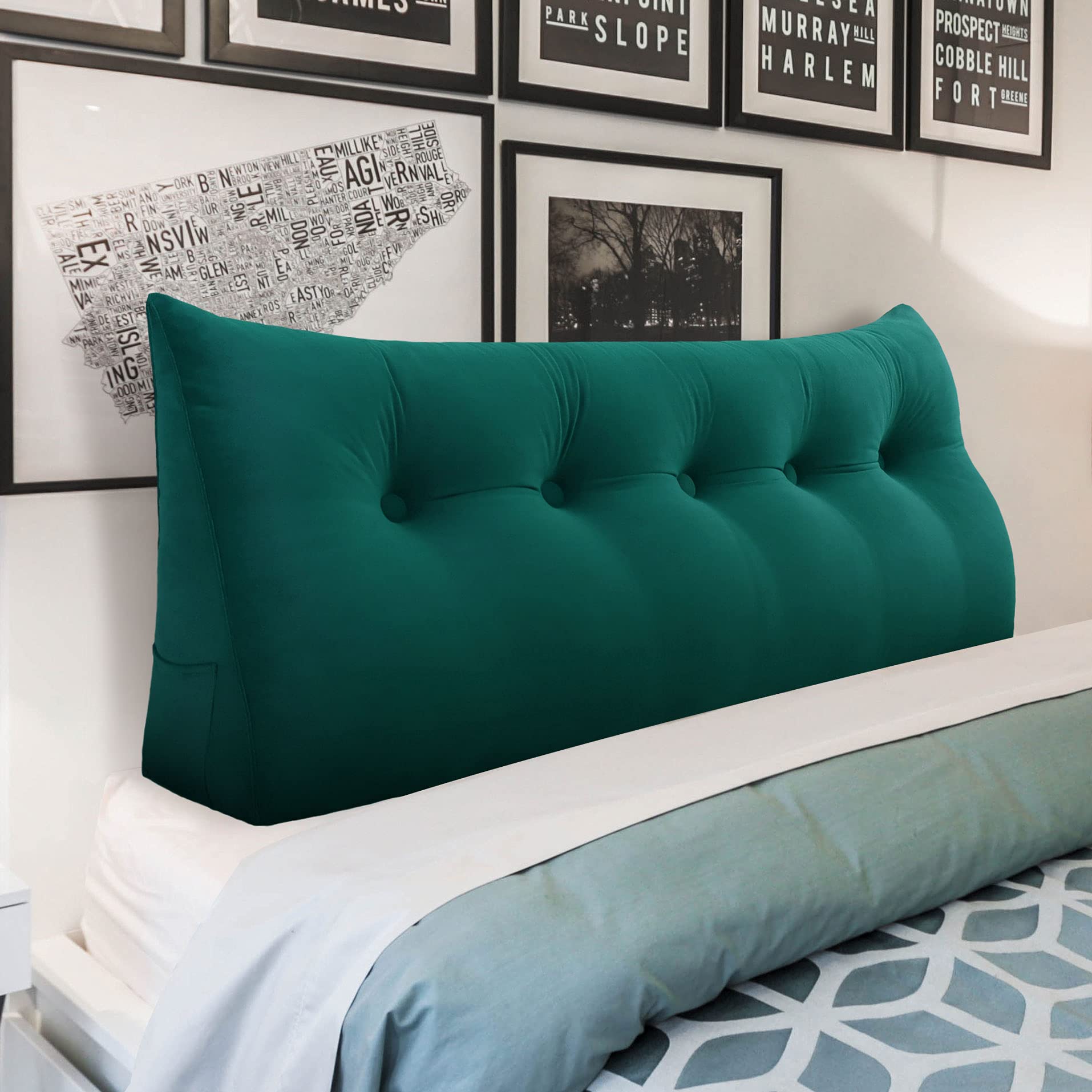 WOWMAX Ergonomic Headboard Pillow for Full Size Bed - Velvet Upholstered Backrest with No Assembly Required, Portable Dorm Room Headboard in Cyan Blue | Perfect for Bedroom Decor, College Dorm Essentials & Cozy Reading in Bed